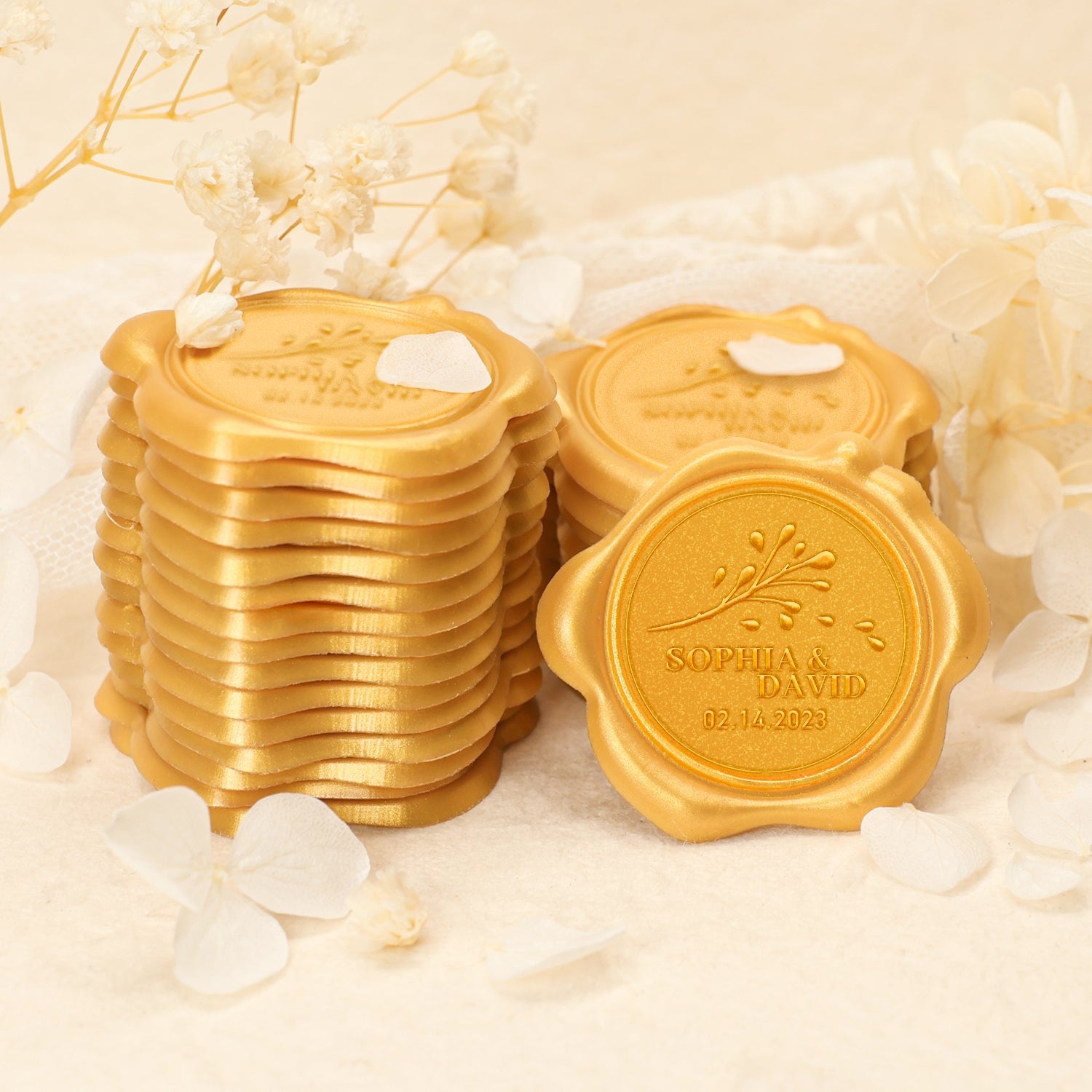 Custom Aglaia Odorata Wedding Name and Date Wax Seal Stickers 2-3