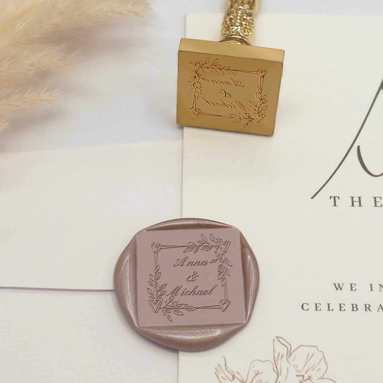 Custom Square Wedding Wax Seal Stamp - Style 4 - Stamprints3