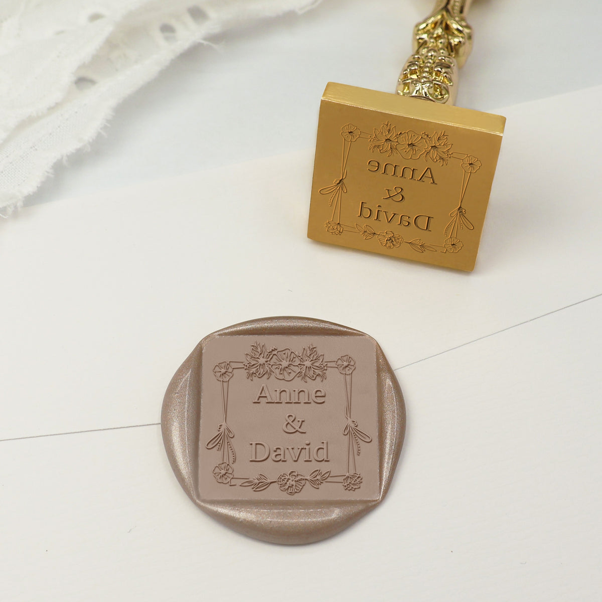 Custom Square Wedding Wax Seal Stamp - Style 5 - Stamprints