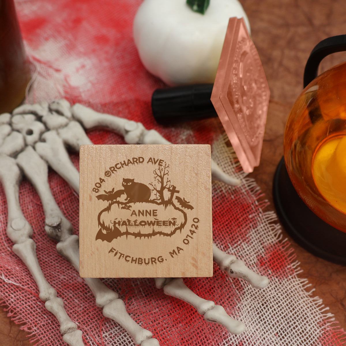 Custom Bat and Cat Halloween Address Rubber Stamp1