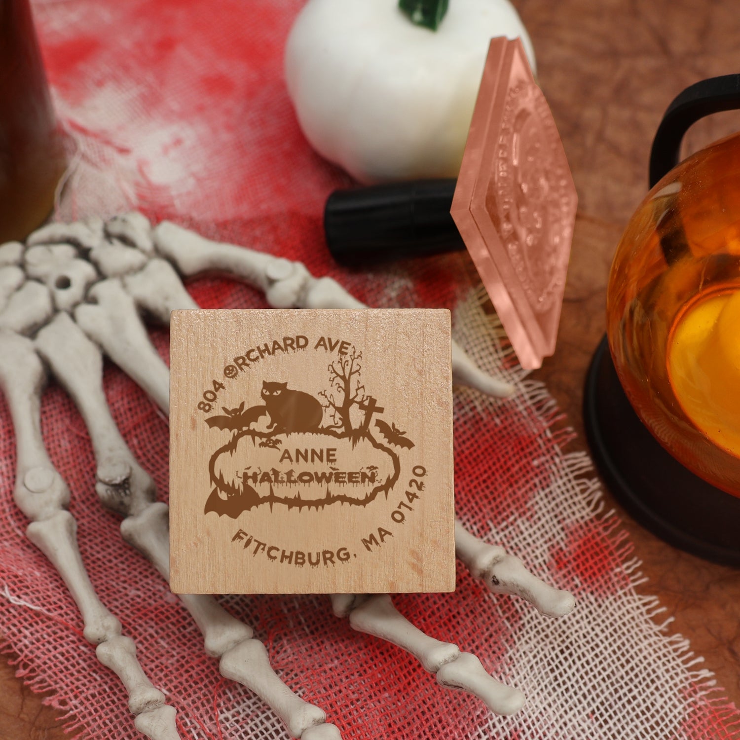 Custom Bat and Cat Halloween Address Rubber Stamp1