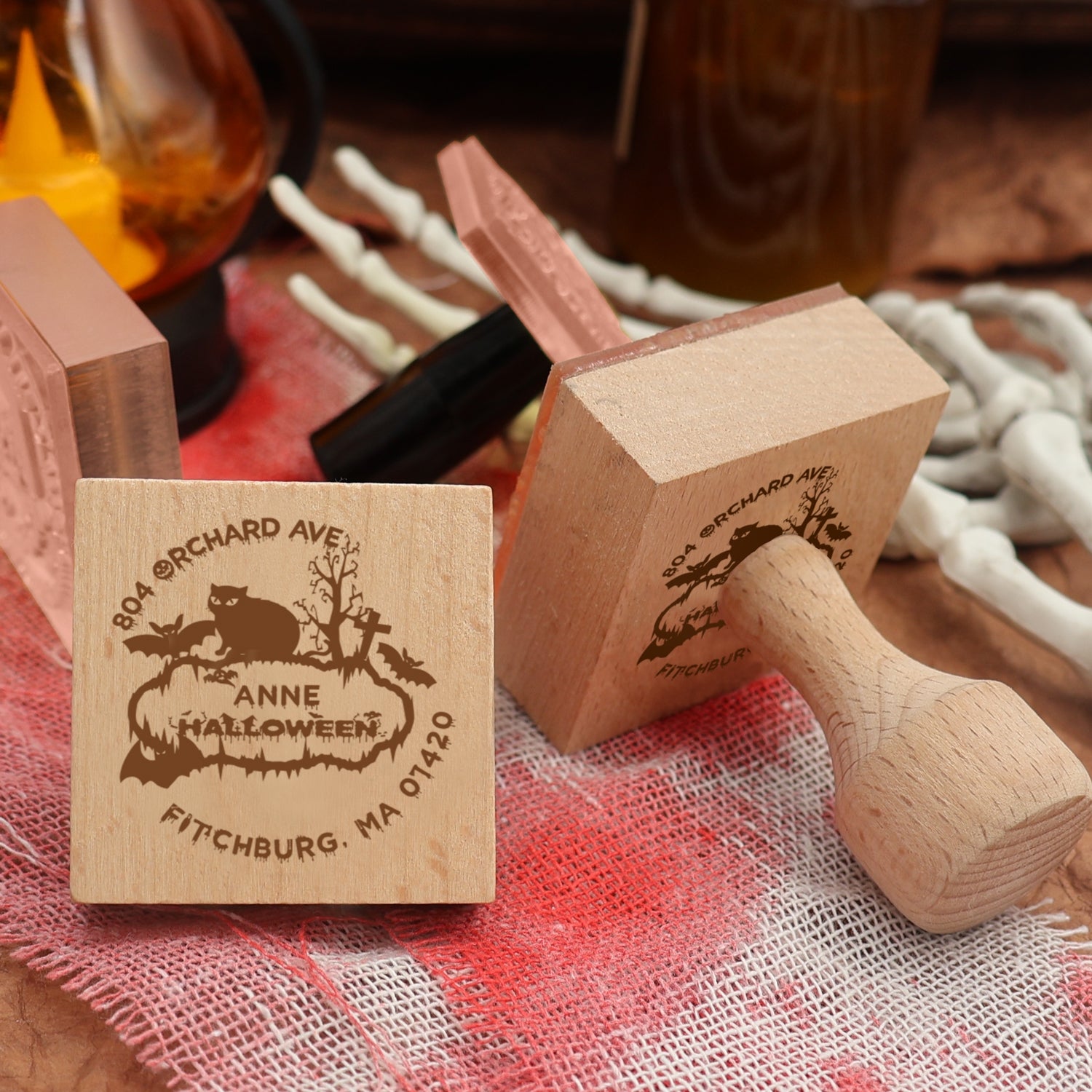 Custom Bat and Cat Halloween Address Rubber Stamp3