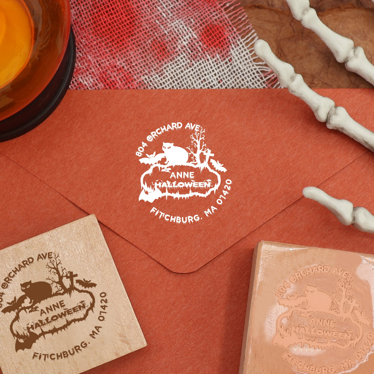 Custom Bat and Cat Halloween Address Rubber Stamp