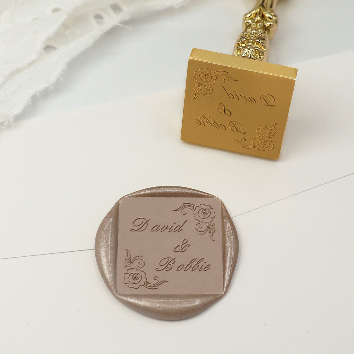 Custom Square Wedding Wax Seal Stamp - Style 6 - Stamprints