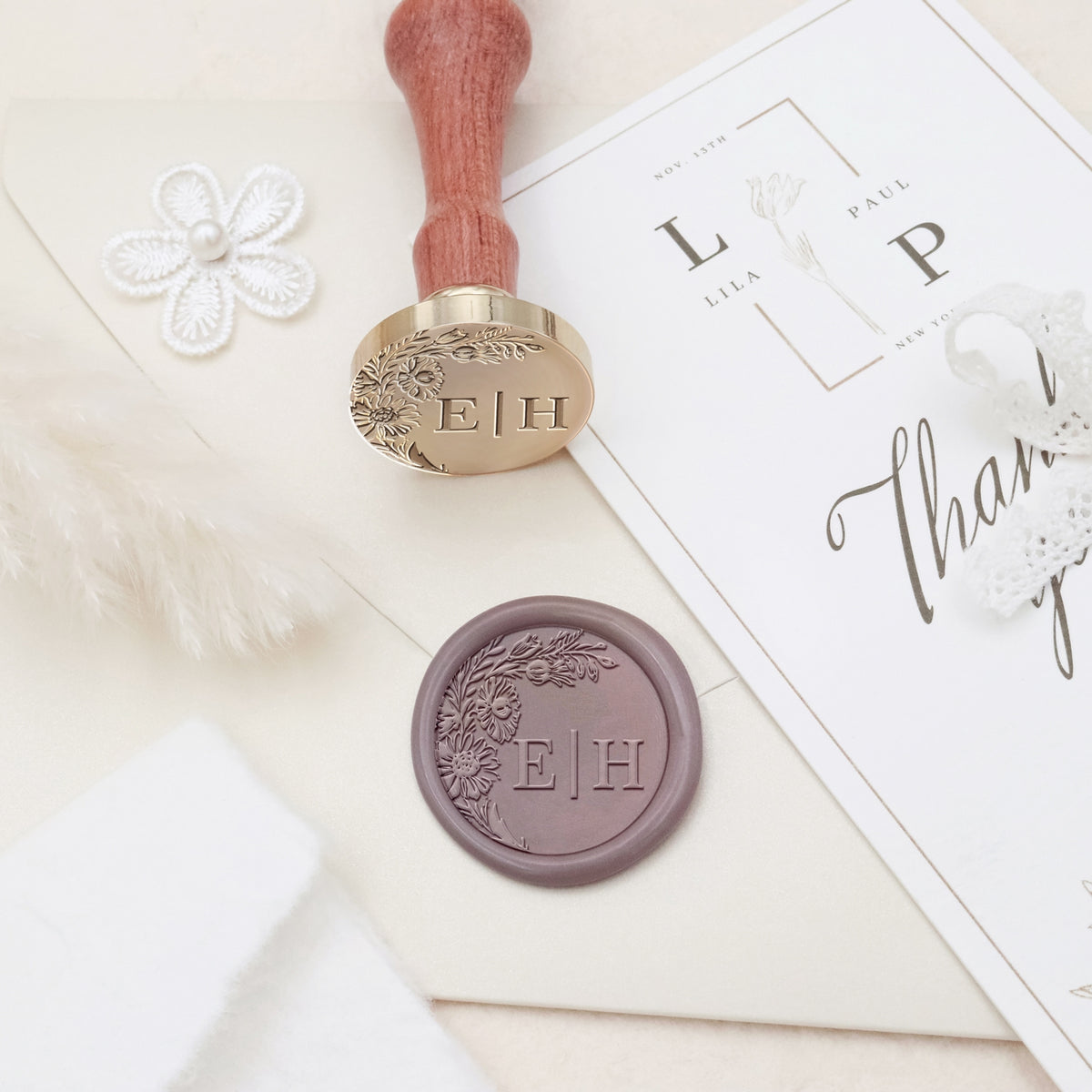 Custom Borderless Botanical Wedding Monogram Wax Seal Stamp - Style 13 3