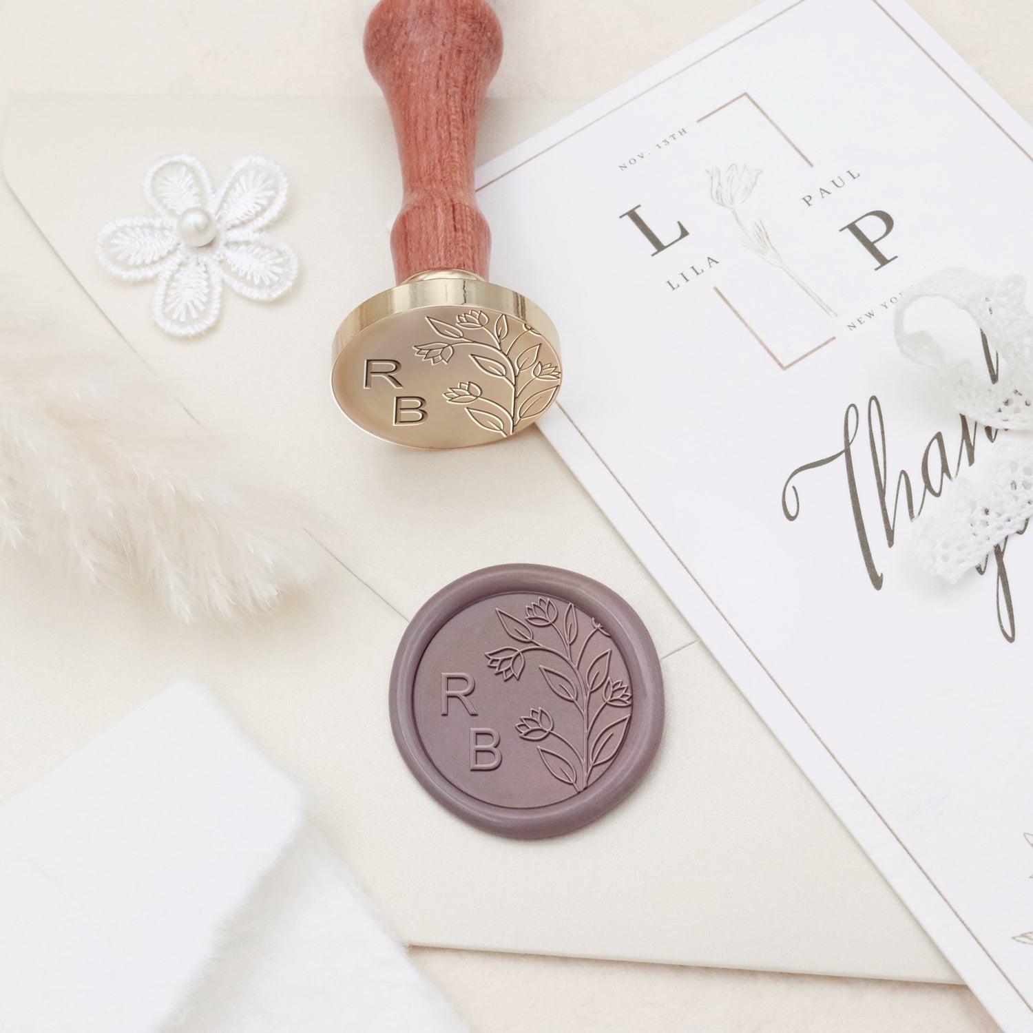 Custom Borderless Botanical Wedding Monogram Wax Seal Stamp - Style 23 3