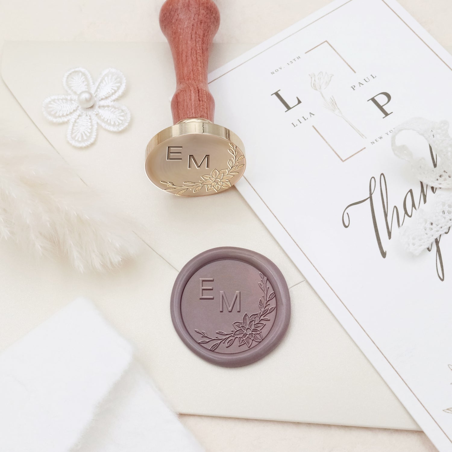Custom Borderless Botanical Wedding Monogram Wax Seal Stamp - Style 4 3