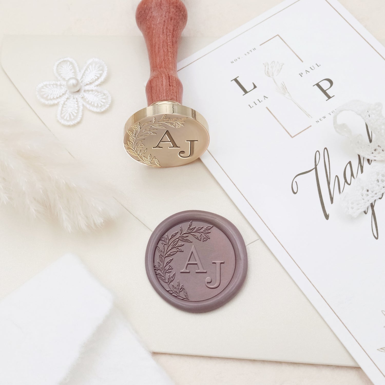 Custom Borderless Botanical Wedding Monogram Wax Seal Stamp (27 Designs)-copy 3
