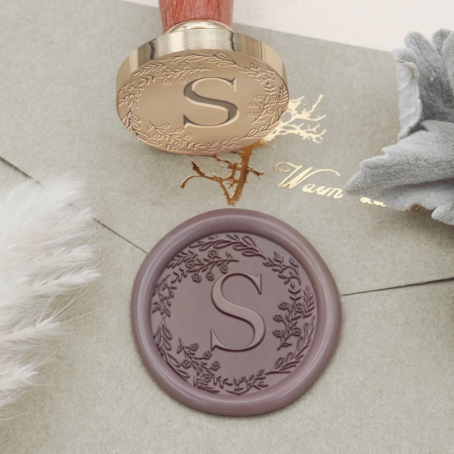Custom Botanical Border Single Initial Wax Seal Stamp - Style 19 2