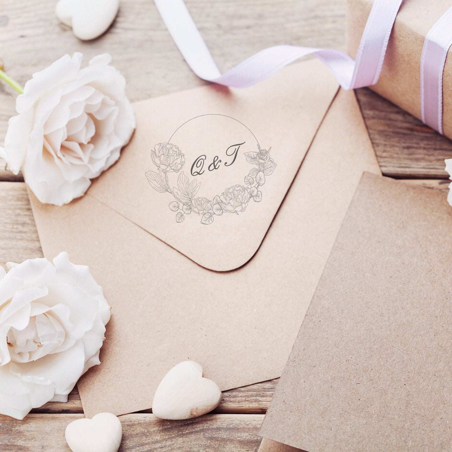 Custom Botanical Wedding Monogram Rubber Stamp - Style 16 wd3