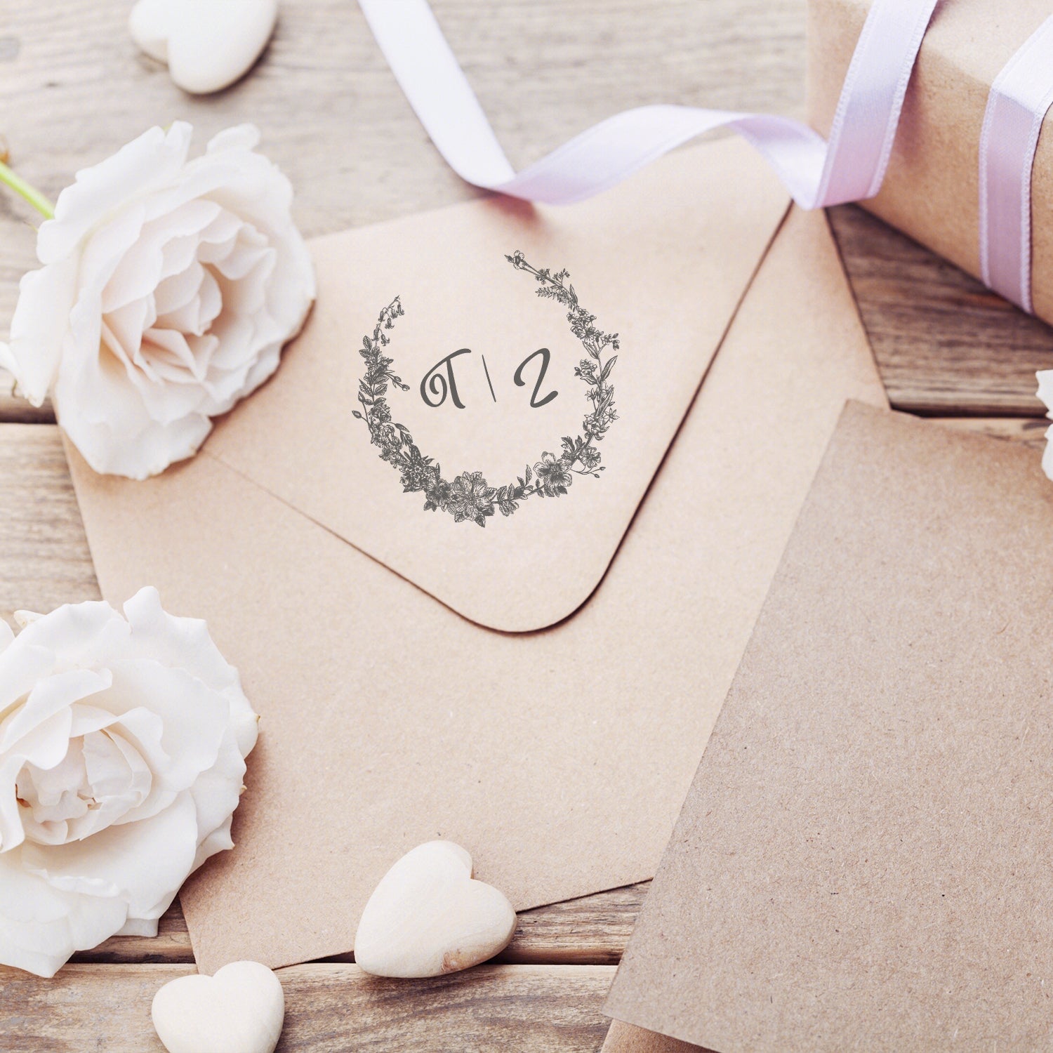 Custom Botanical Wedding Monogram Rubber Stamp - Style 18 wd3