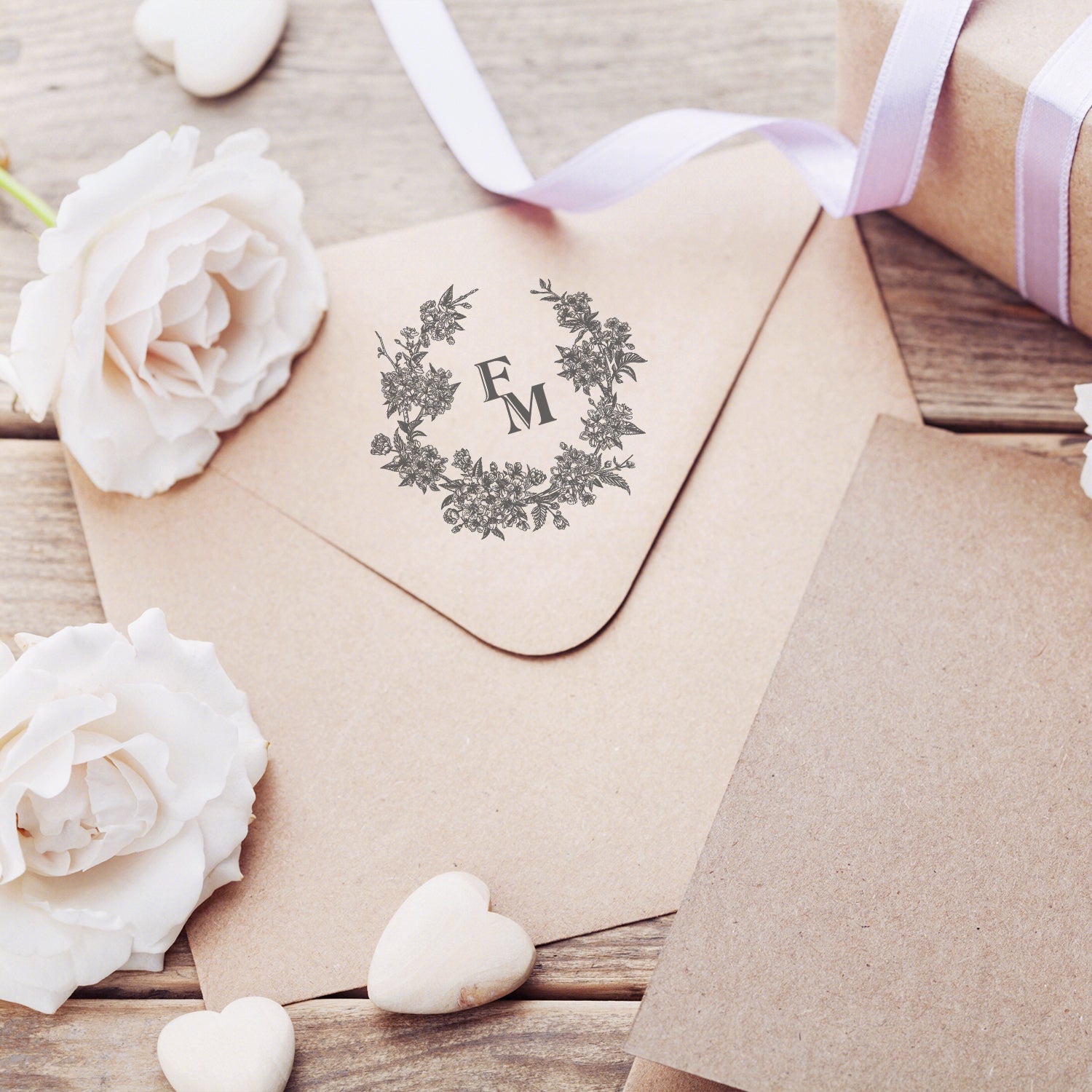 Custom Botanical Wedding Monogram Rubber Stamp - Style 3 wd3