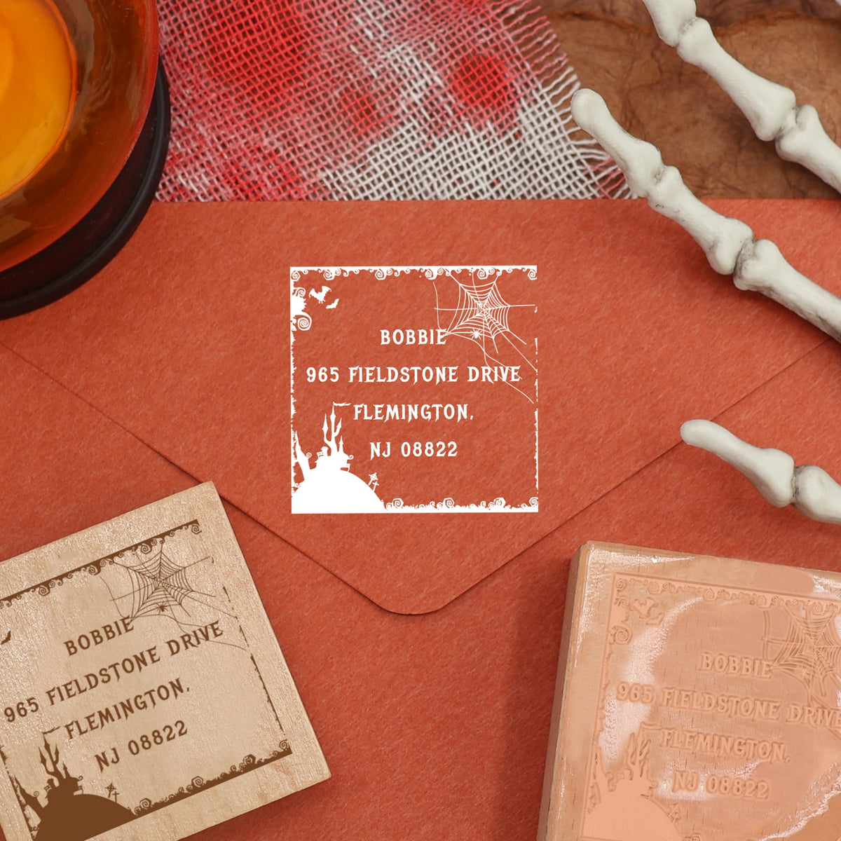 Custom Castle and Spiderweb Halloween Address Rubber Stamp