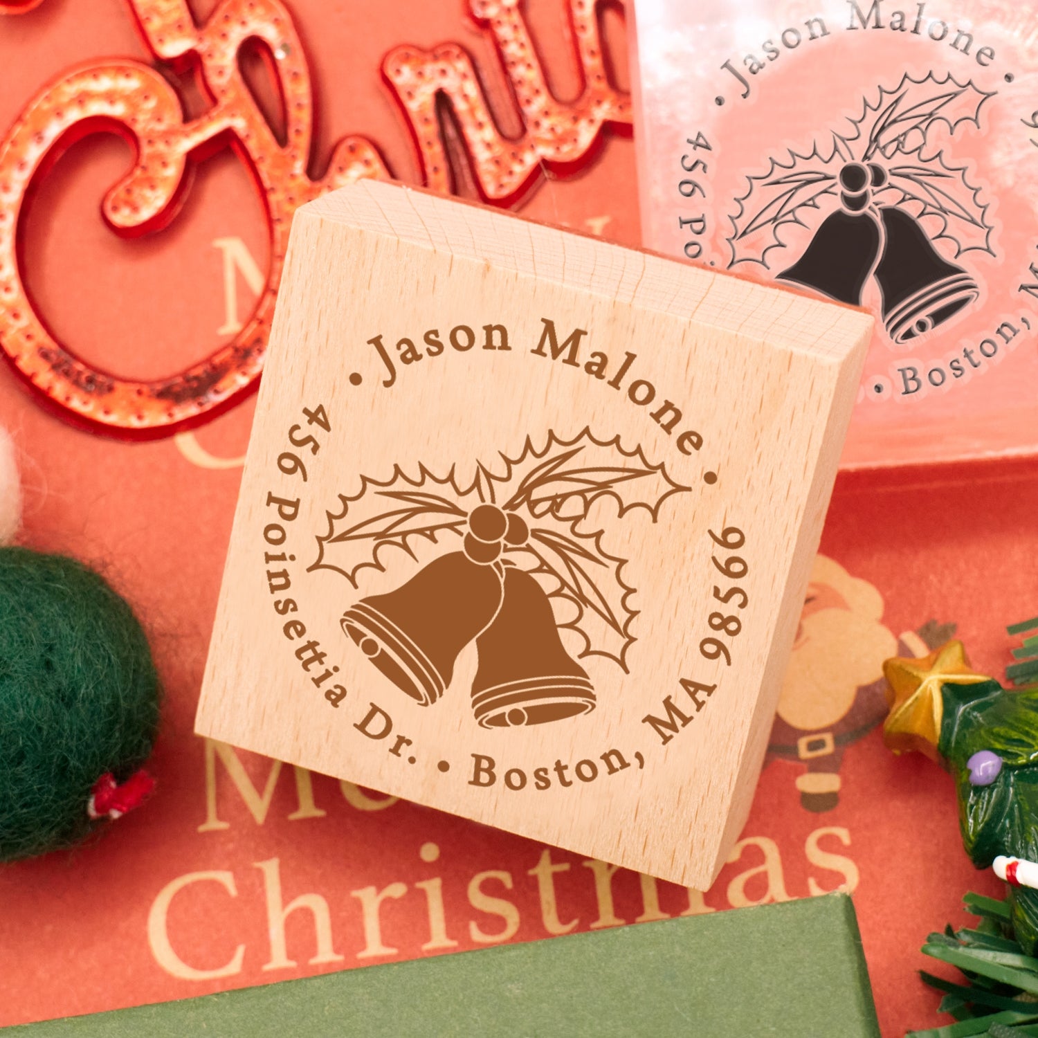Custom Christmas Bell Address Rubber Stamp3