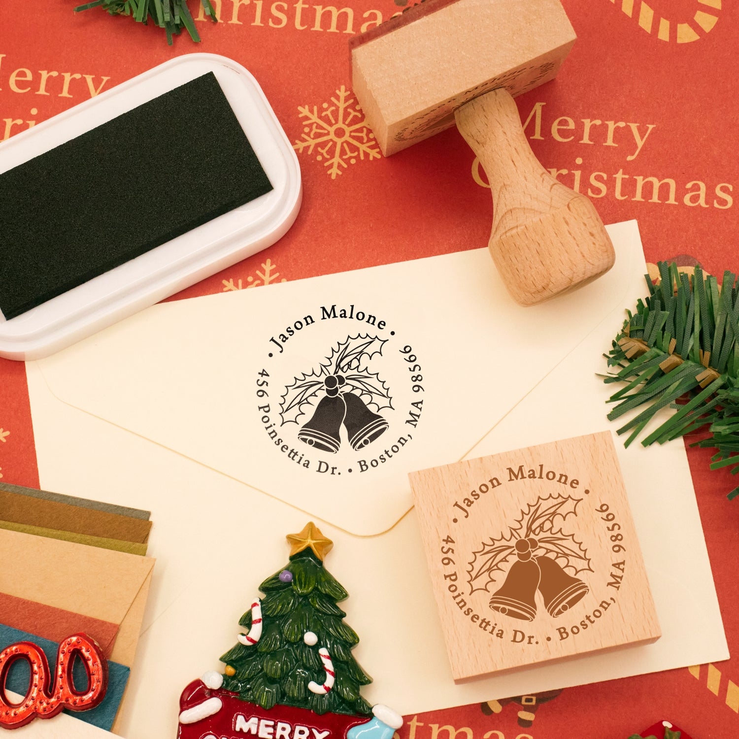 Custom Christmas Bell Address Rubber Stamp