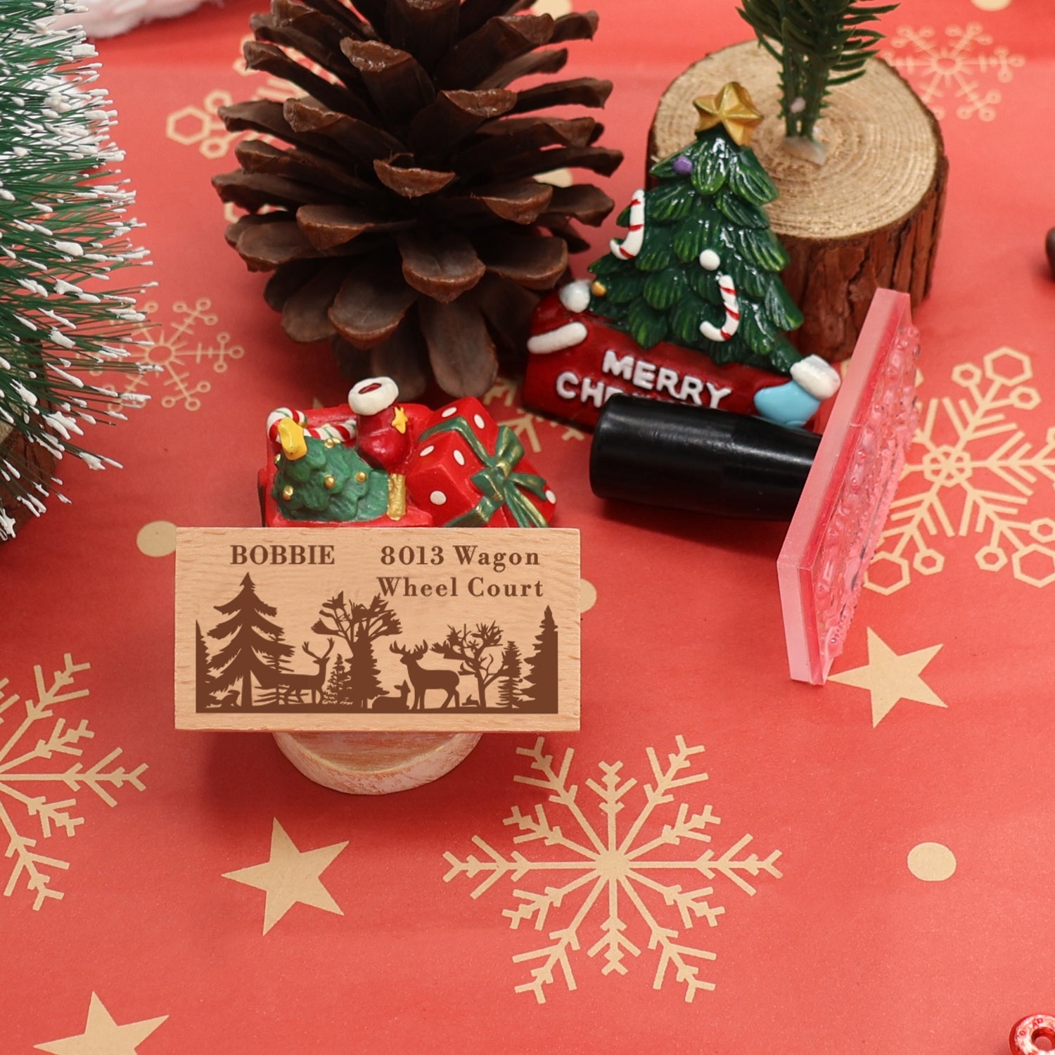 Custom Christmas Forest and Reindeer Rectangle Rubber Stamp1
