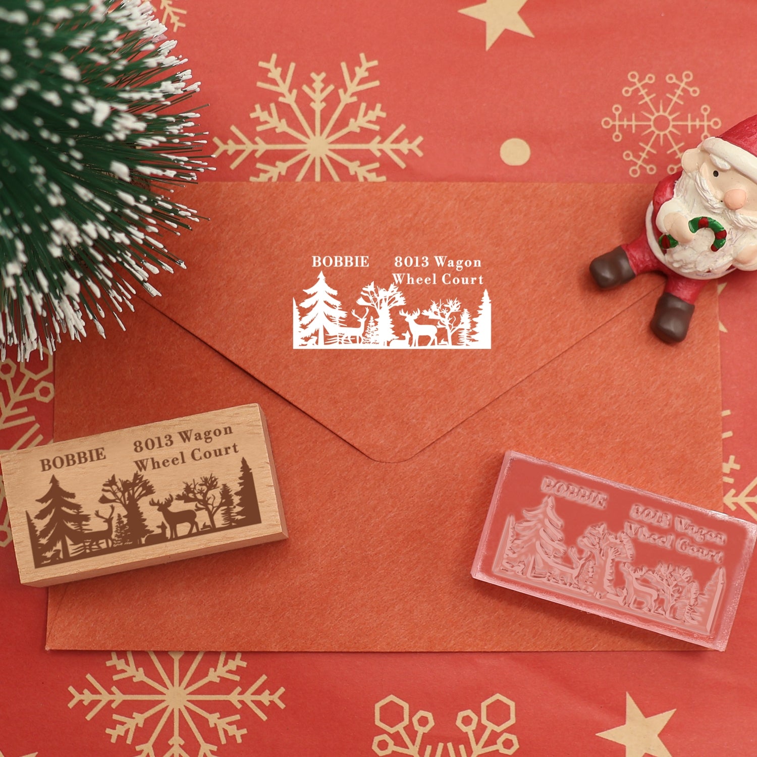 Custom Christmas Forest and Reindeer Rectangle Rubber Stamp