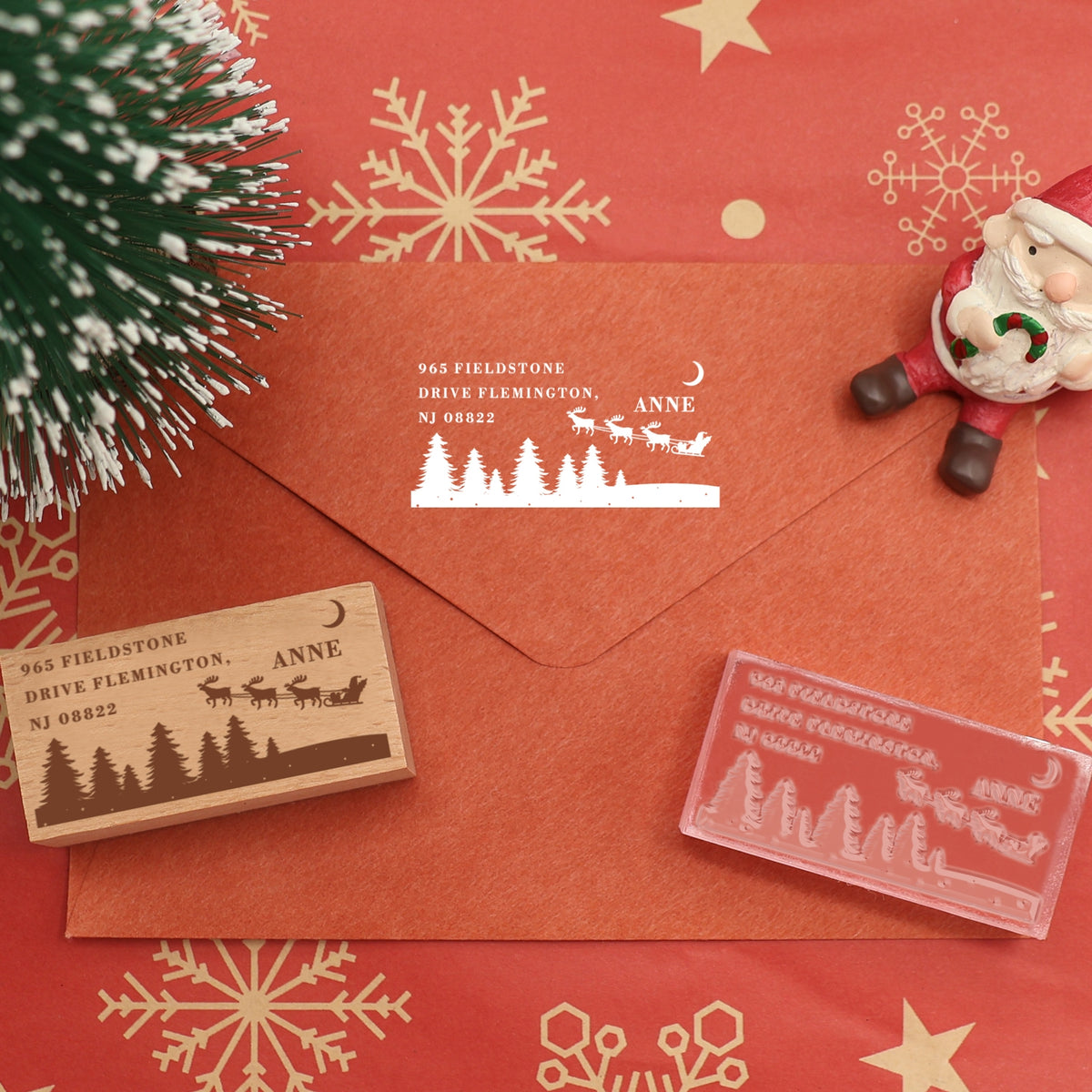 Custom Christmas Forest Night Rectangle Rubber Stamp