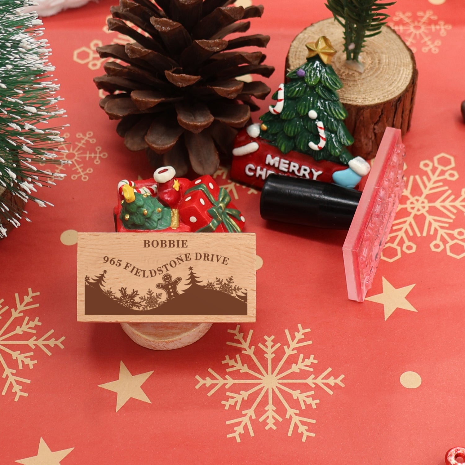 Custom Christmas Forest Rectangle Address Rubber Stamp1