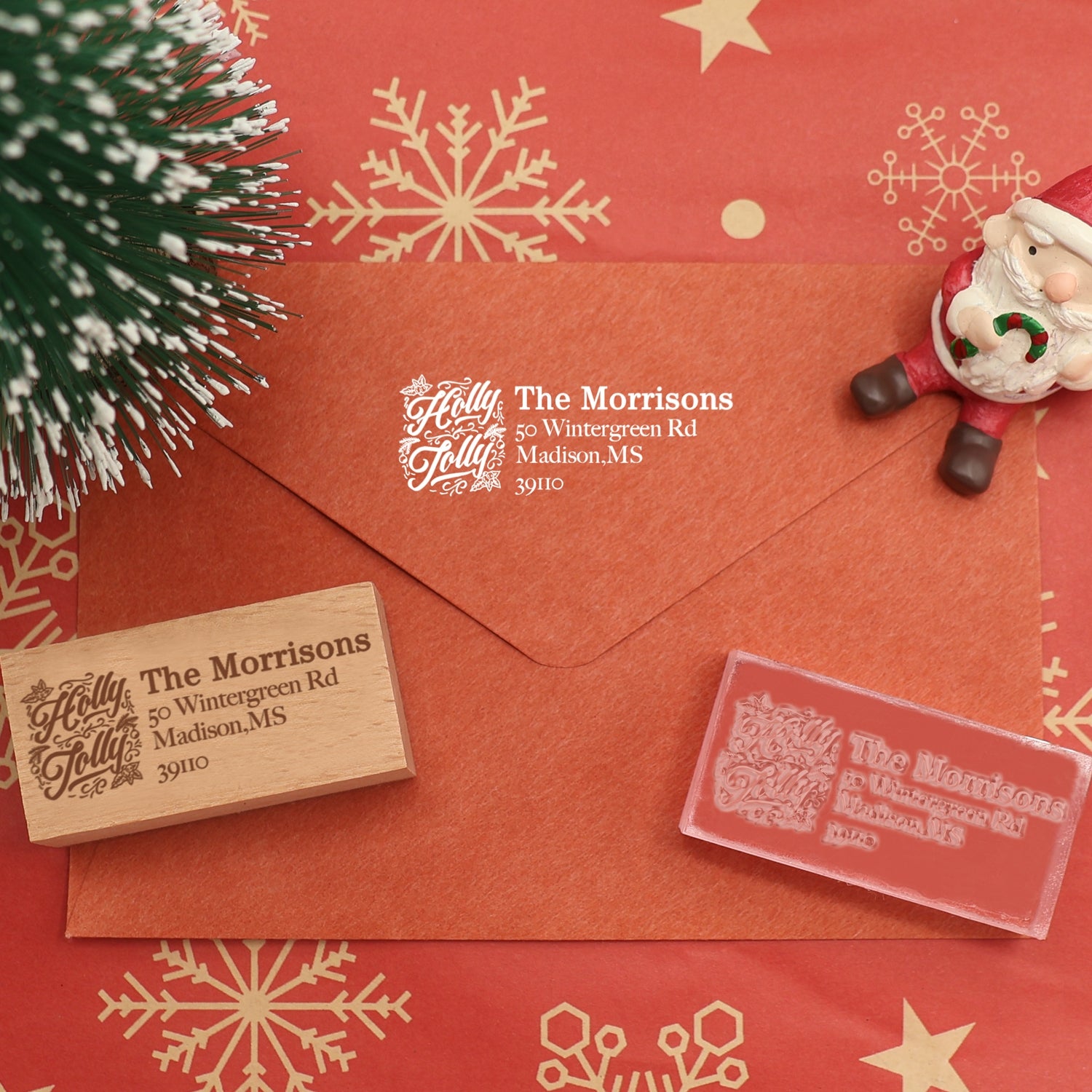 Custom Christmas Holly Jolly Address Rubber Stamp