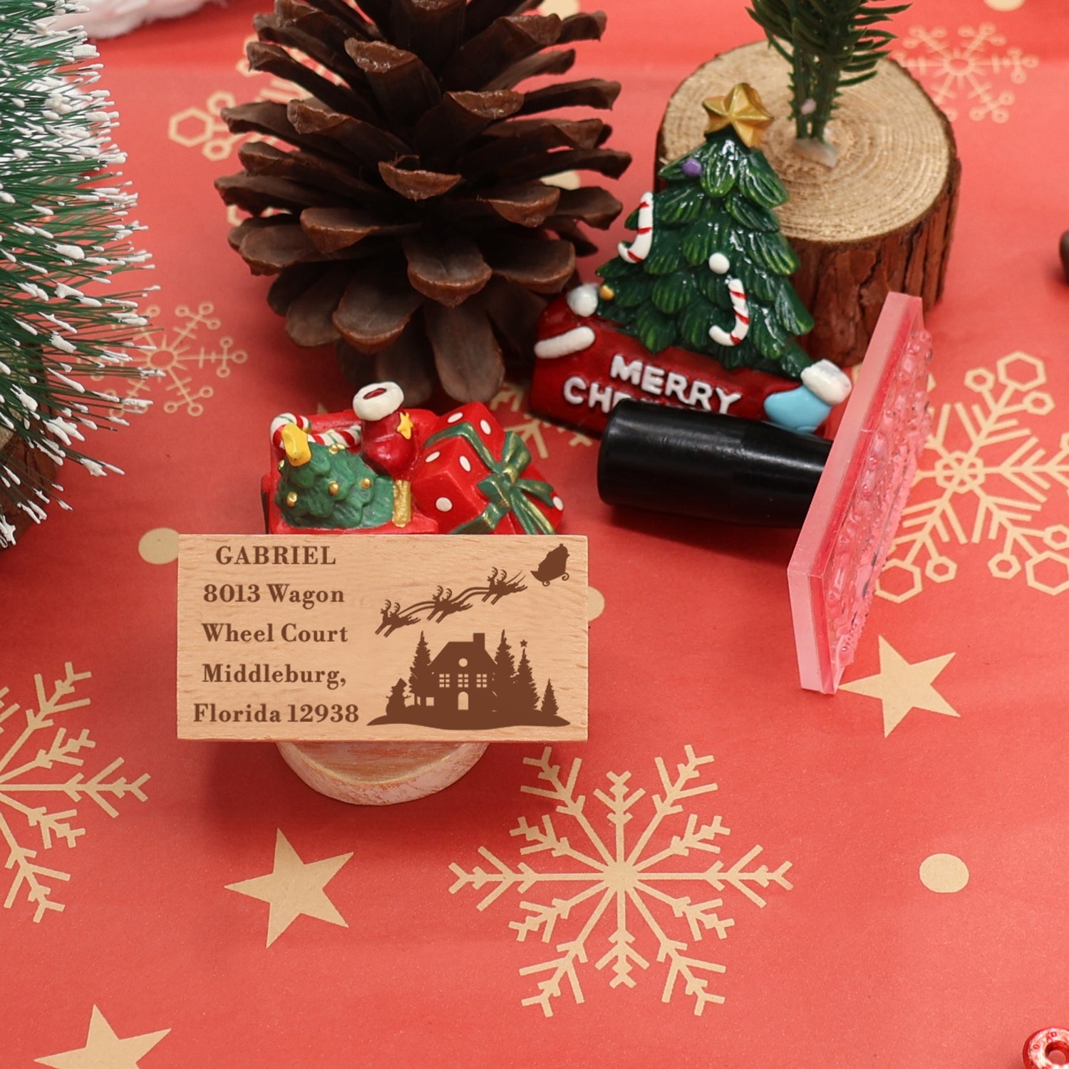 Custom Christmas House Awaiting Gifts Rectangle Address Rubber Stamp1