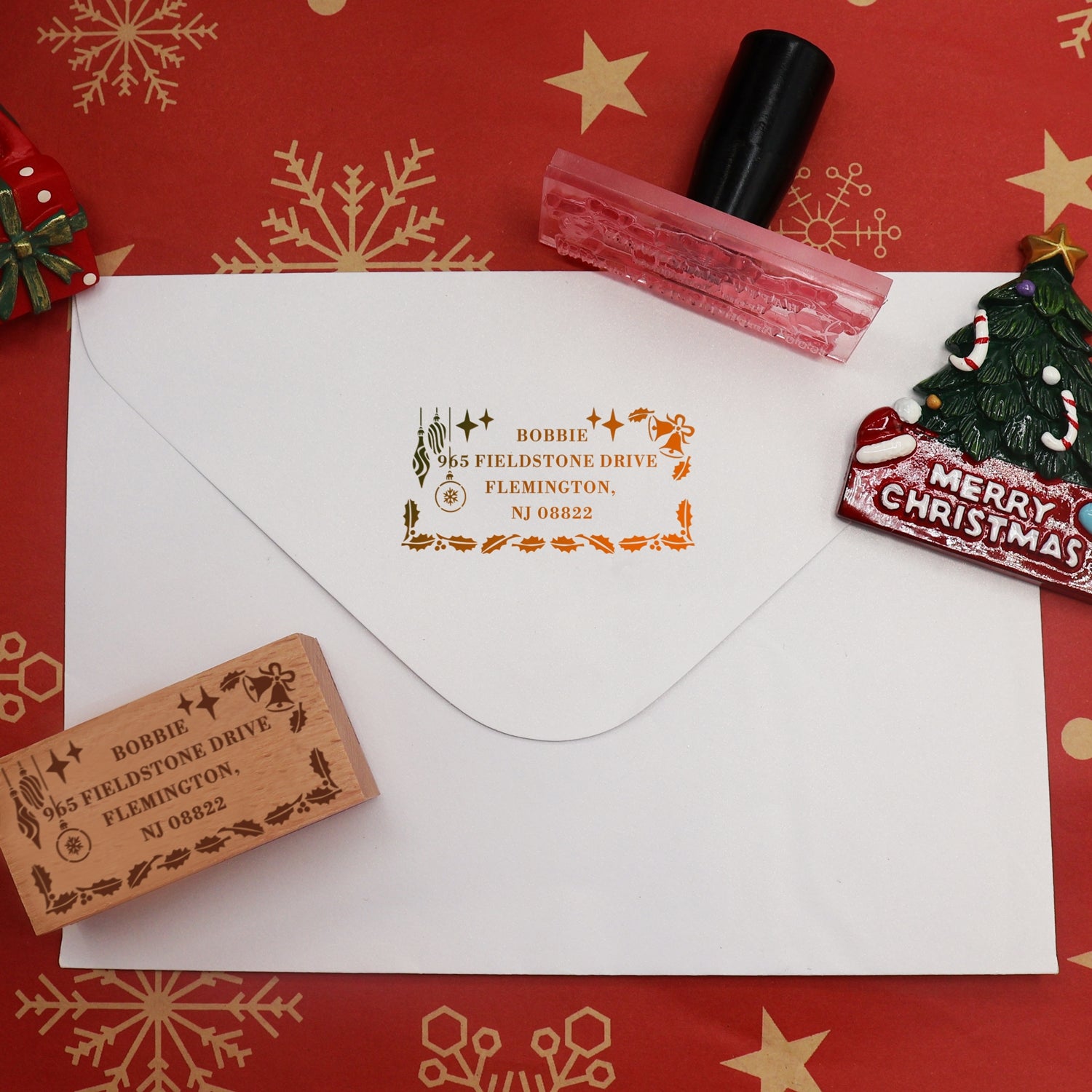 Custom Christmas Leaf Border Rectangle Rubber Stamp2