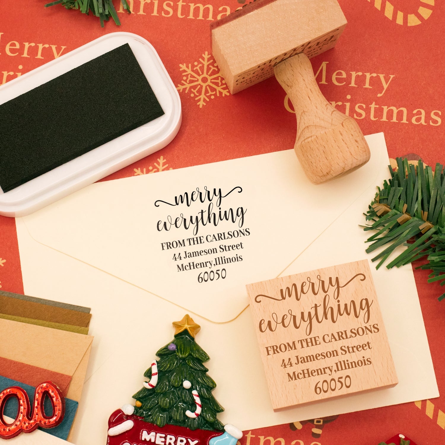Custom Christmas Marry Everything Square Address Rubber Stamp