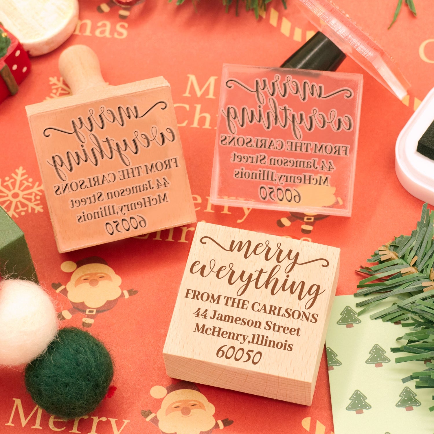 Custom Christmas Marry Everything Square Address Rubber Stamp1