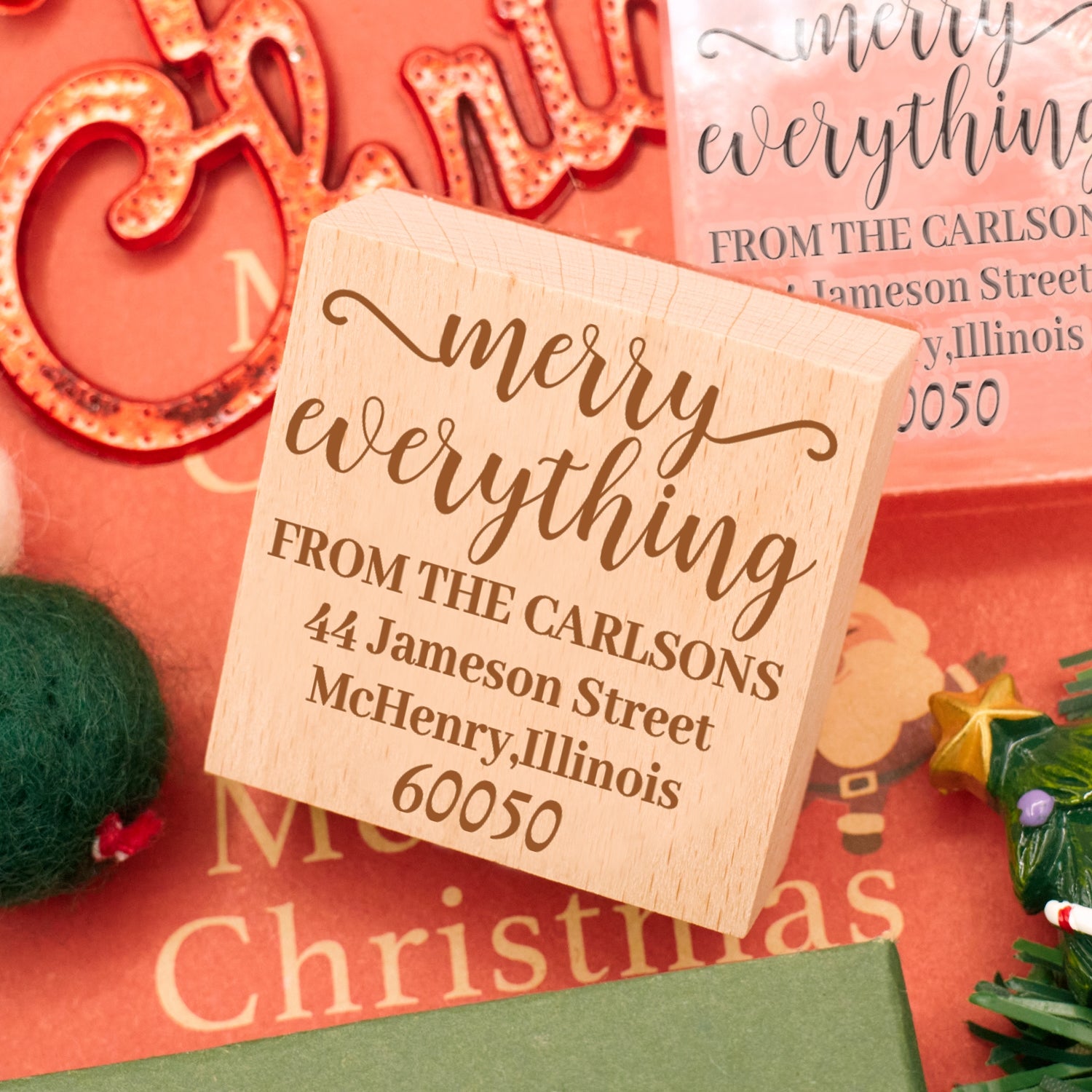 Custom Christmas Marry Everything Square Address Rubber Stamp3