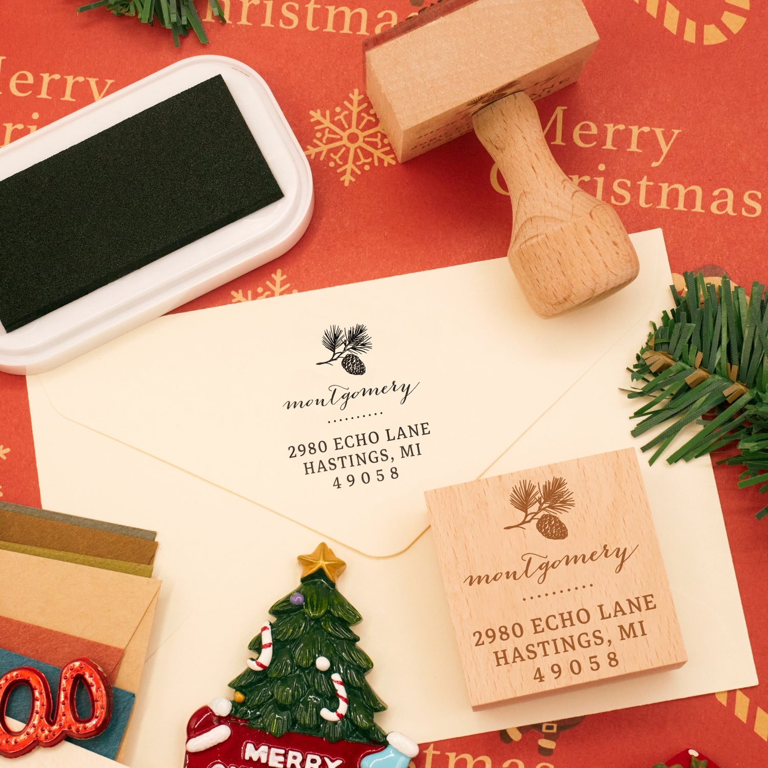 Custom Christmas Pinecone Square Address Rubber Stamp