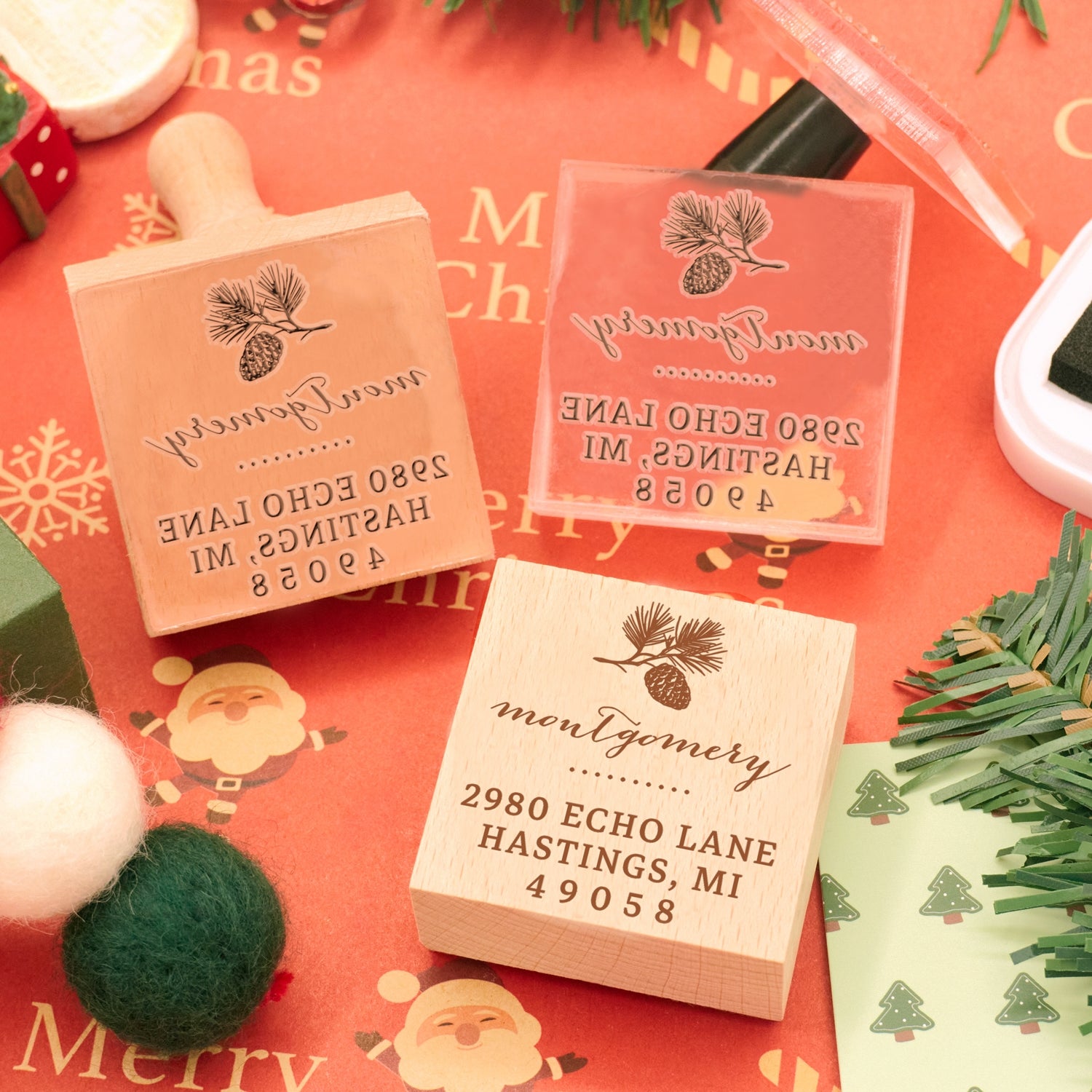 Custom Christmas Pinecone Square Address Rubber Stamp1