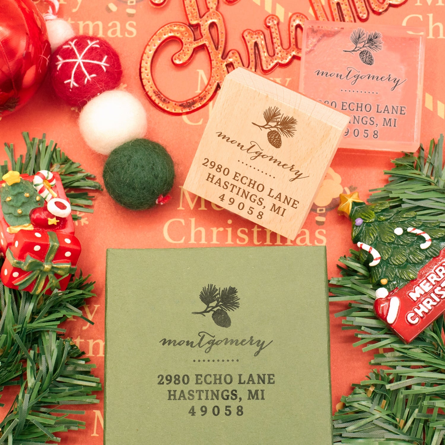 Custom Christmas Pinecone Square Address Rubber Stamp2