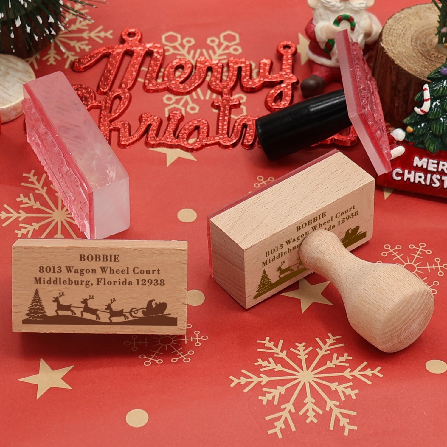 Custom Christmas Rectangle Santa in Sleigh Rubber Stamp3