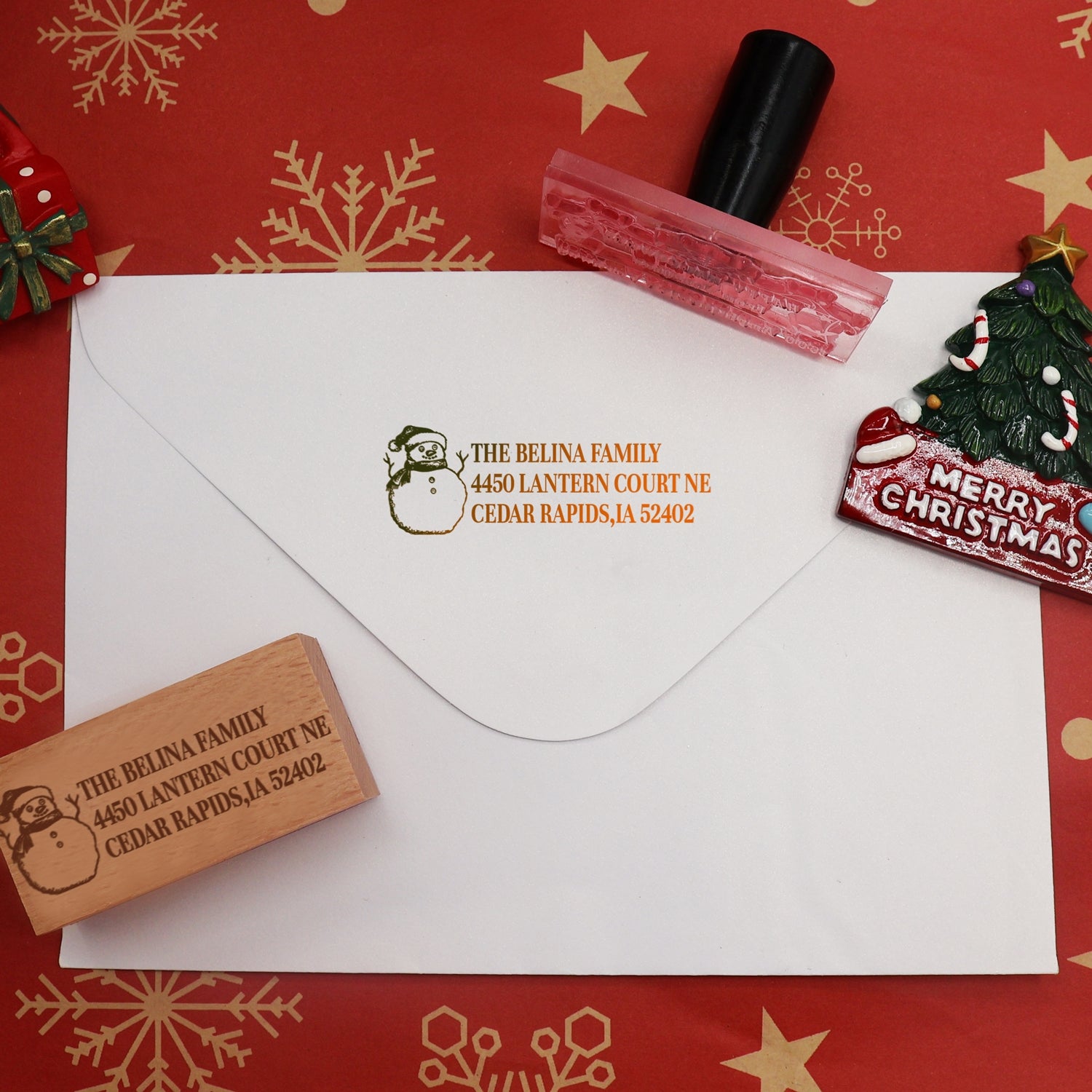 Custom Christmas Snowman Rectangular Address Rubber Stamp2