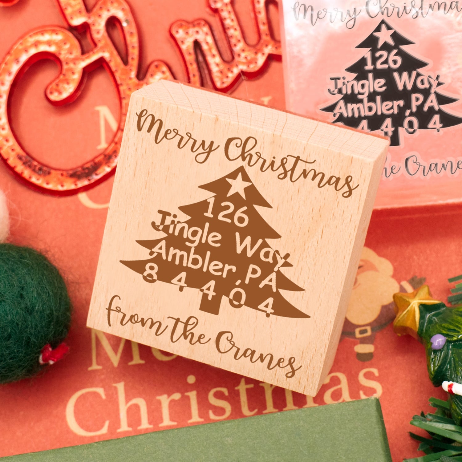 Custom Christmas Tree Square Address Rubber Stamp3