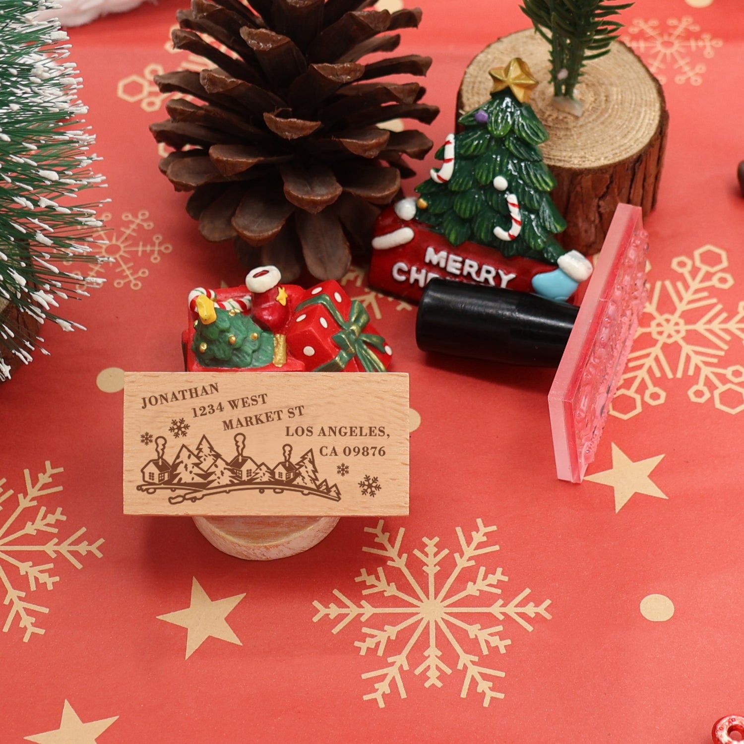 Custom Christmas Village in the Forest Rectangle Rubber Stamp1