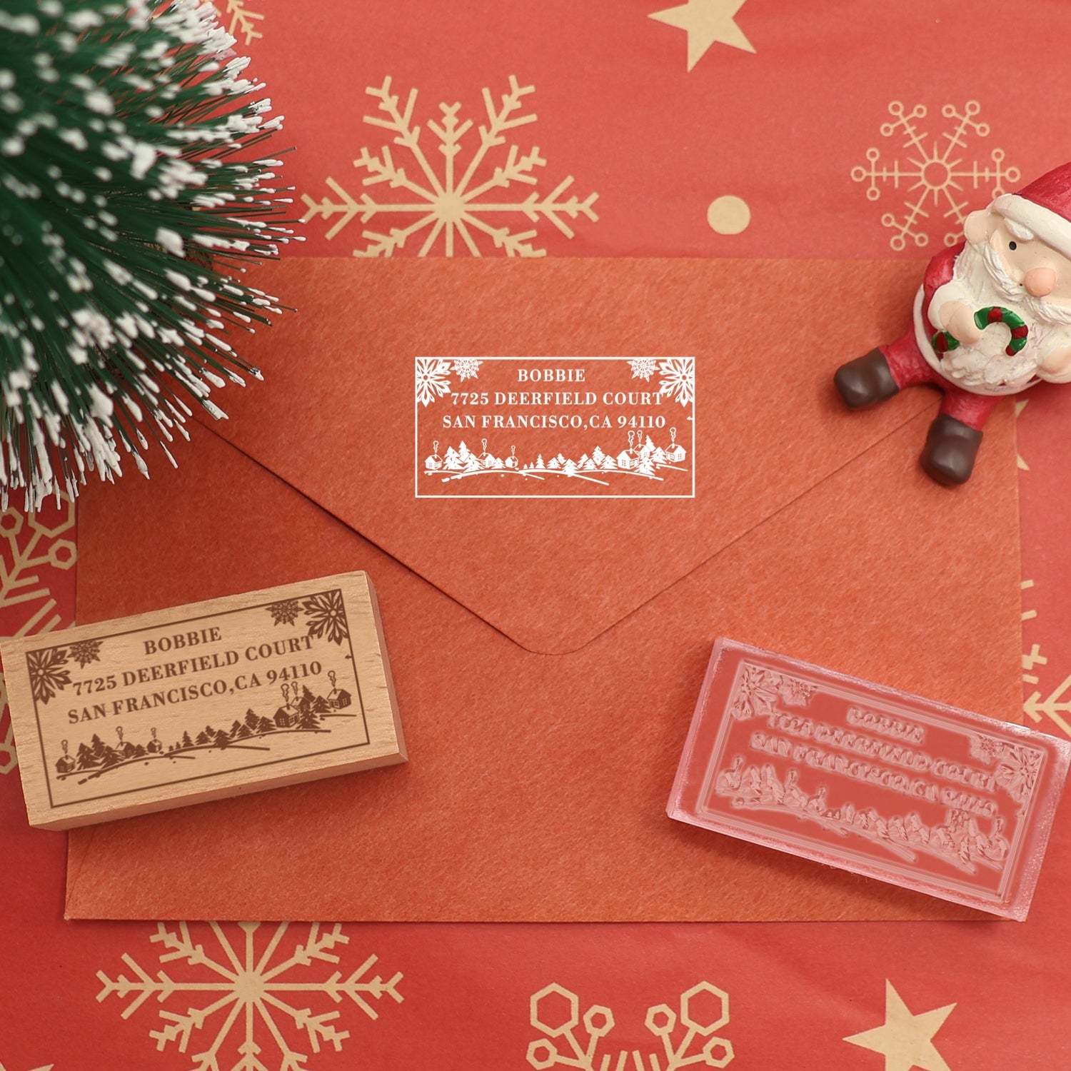 Custom Christmas Village in the Snow Rectangle Rubber Stamp