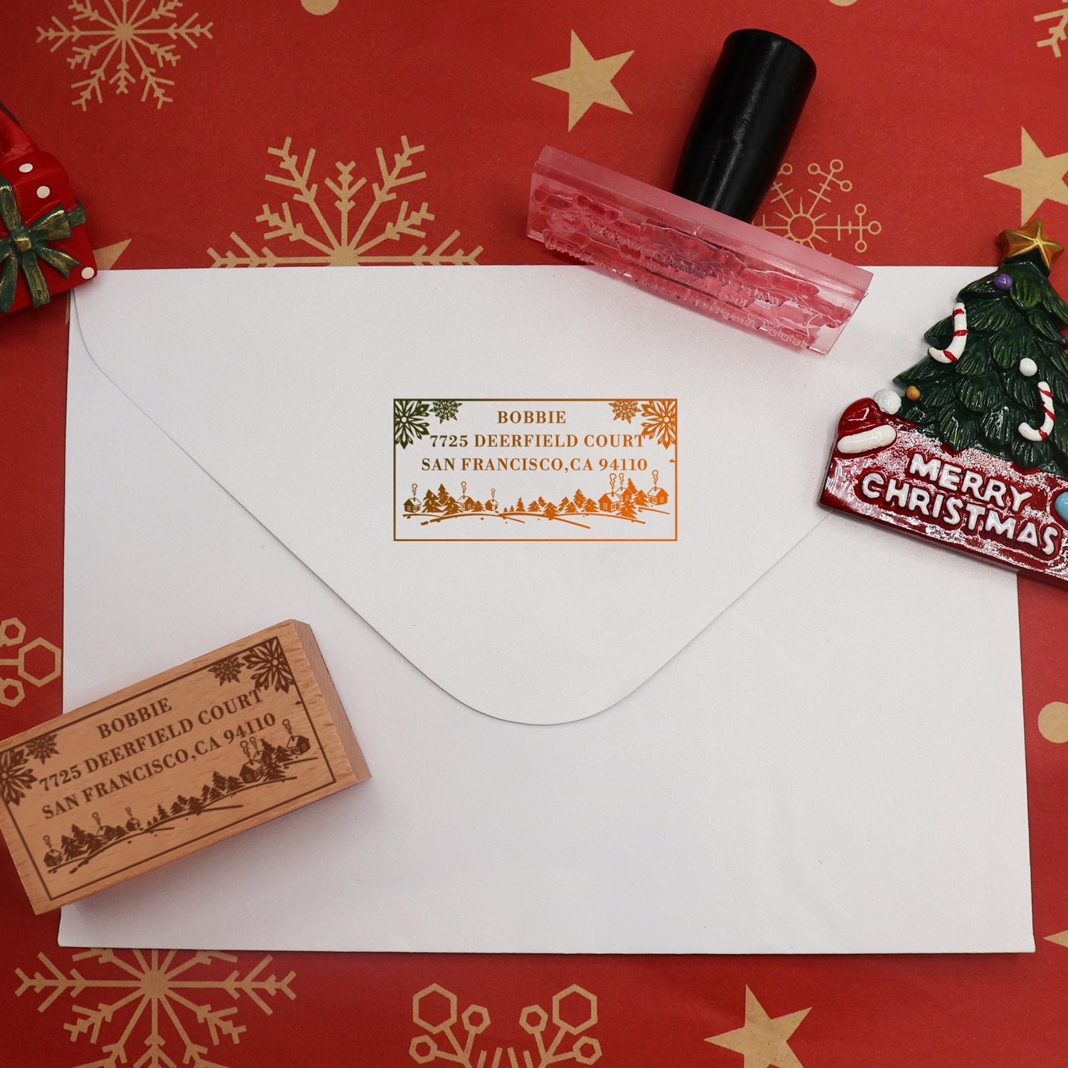 Custom Christmas Village in the Snow Rectangle Rubber Stamp2
