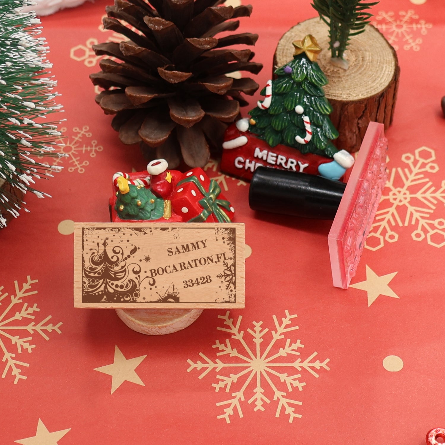 Custom Elegant Christmas Tree Rectangle Rubber Stamp1
