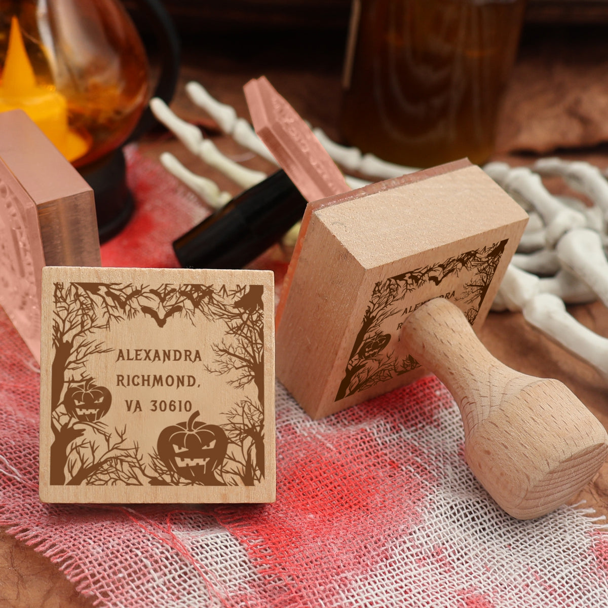 Custom Forest and Pumpkin Halloween Address Rubber Stamp3