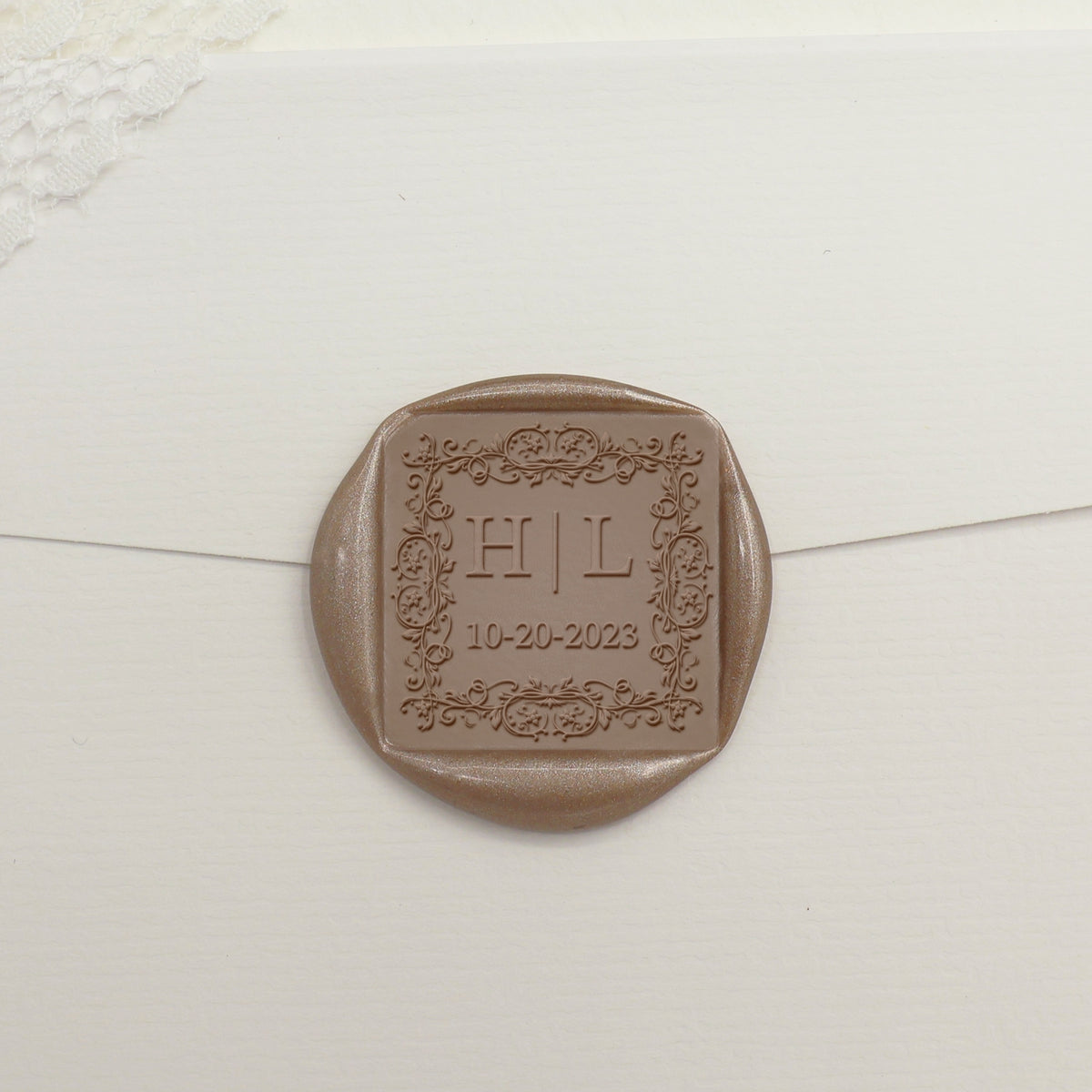 Custom H&L's Wedding Date Square Vine Border Wax Seal Stamp 2