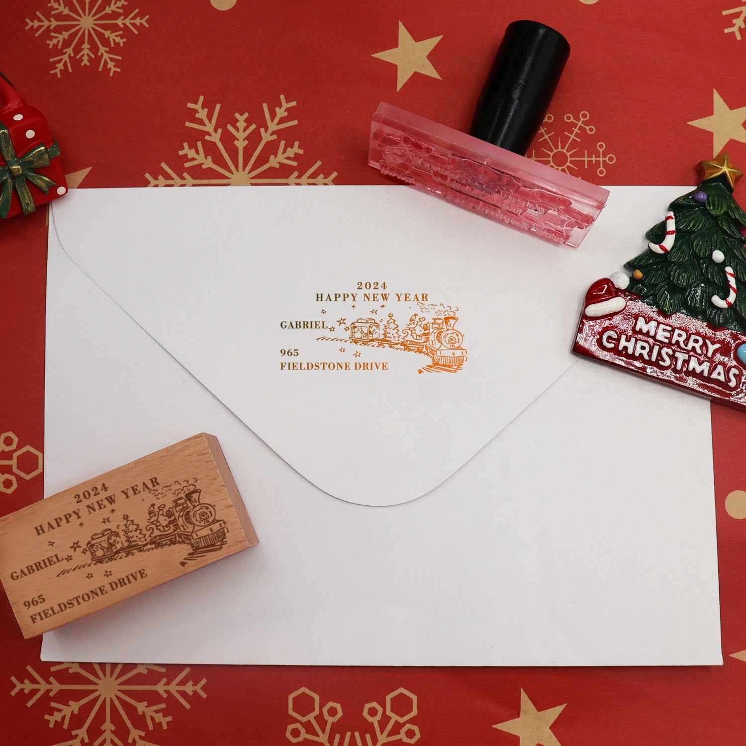 Custom Happy New Year Rectangle Address Rubber Stamp - Style 10 3