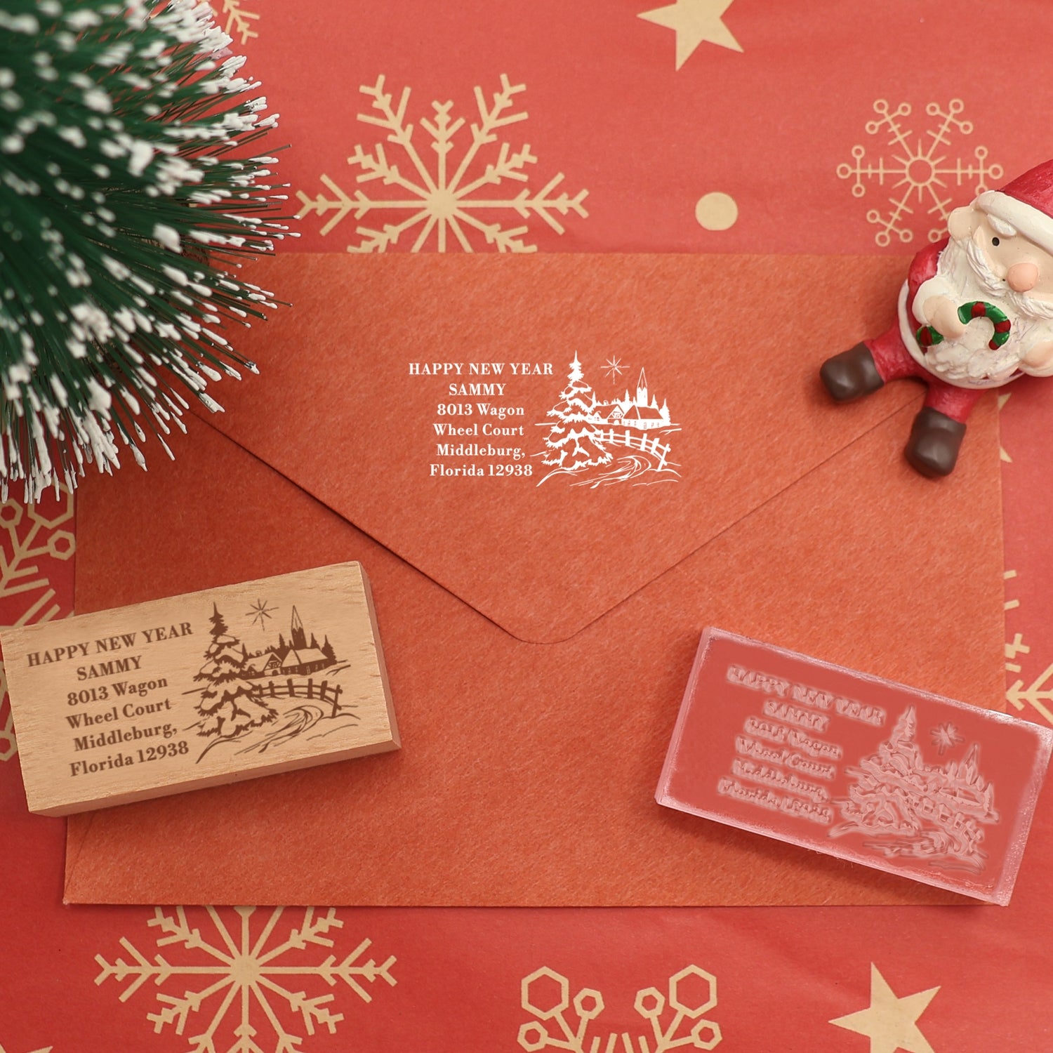 Custom Happy New Year Rectangle Address Rubber Stamp - Style 11 4