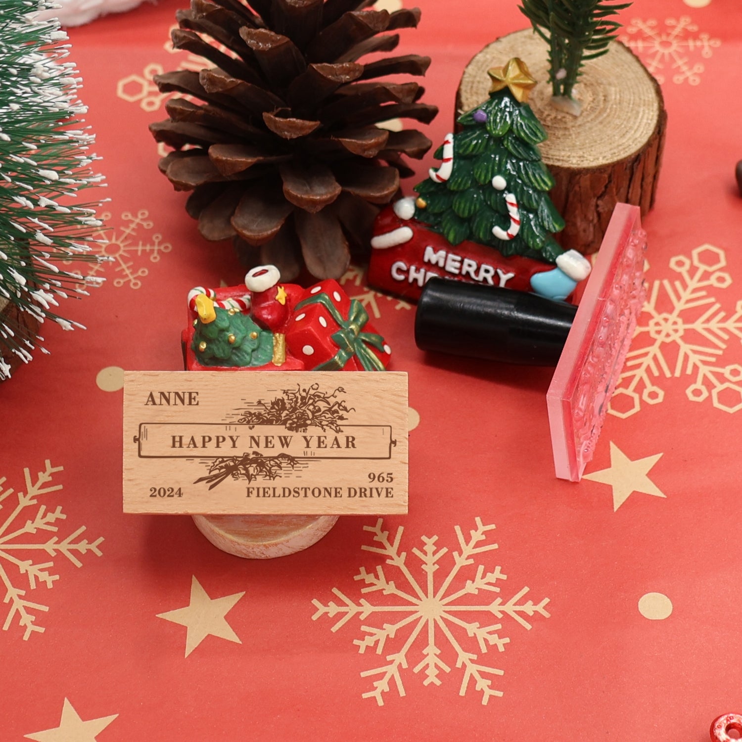 Custom Happy New Year Rectangle Address Rubber Stamp - Style 12 1