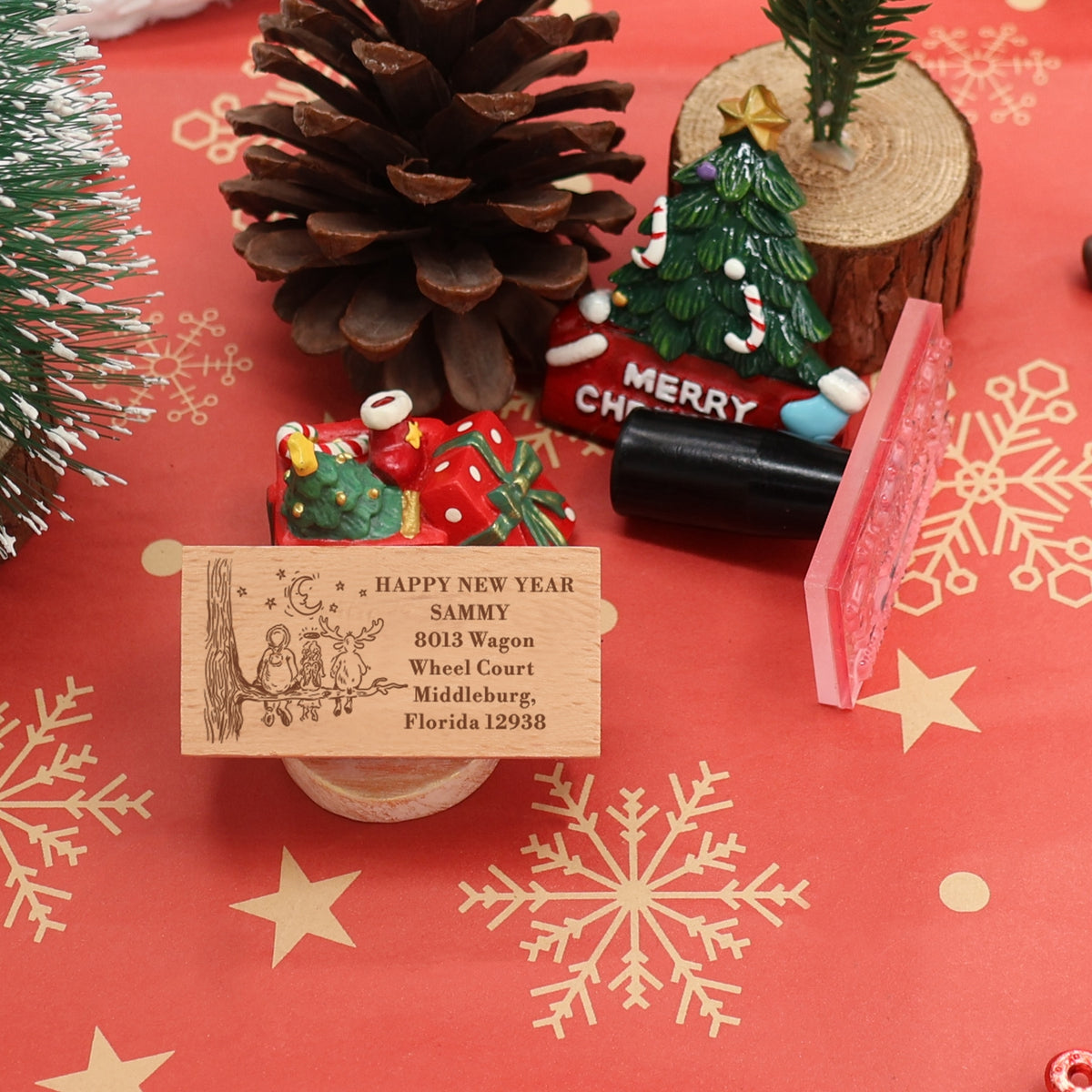 Custom Happy New Year Rectangle Address Rubber Stamp - Style 9 1