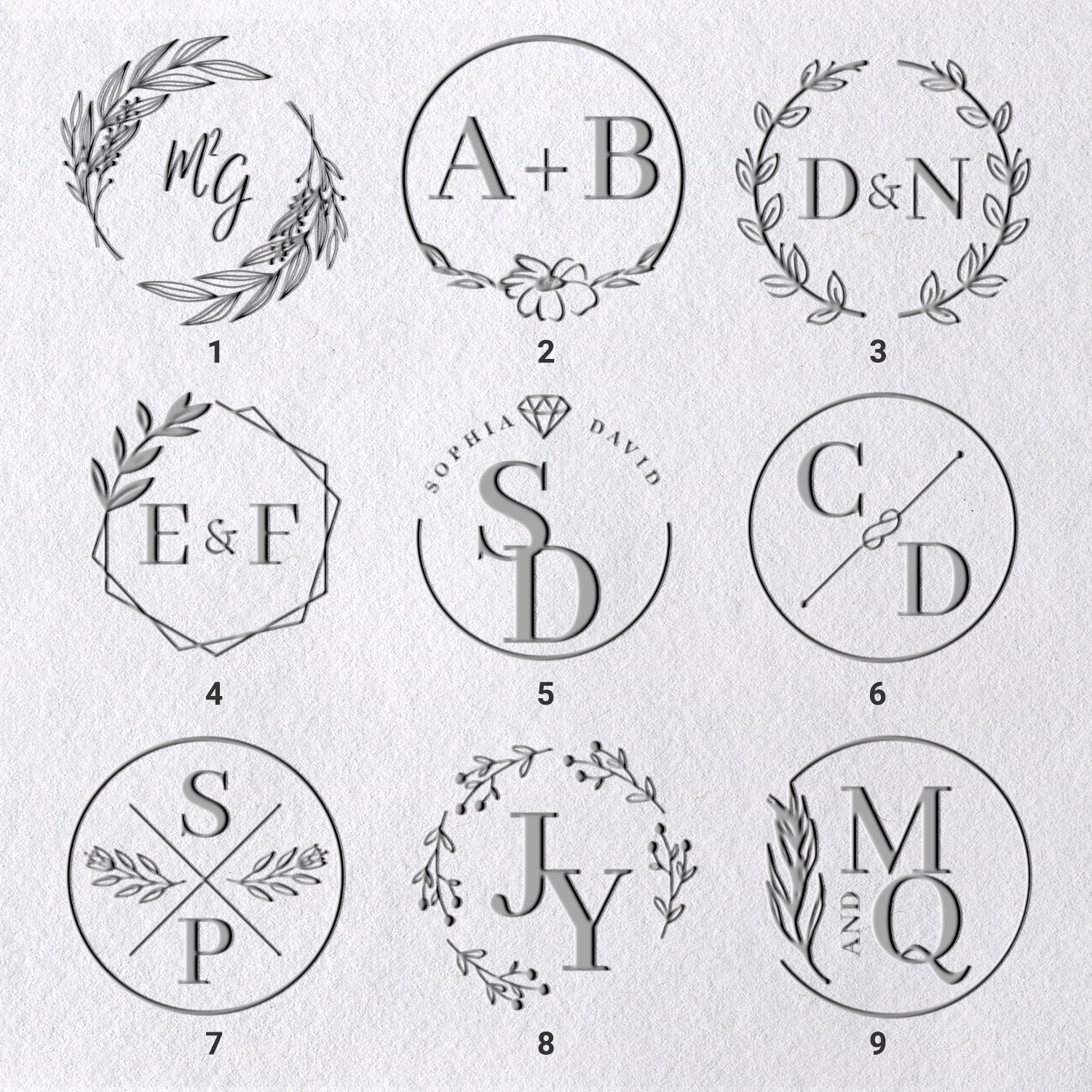 Custom Initials Wedding Monogram Embossers (36 Designs) 1-9