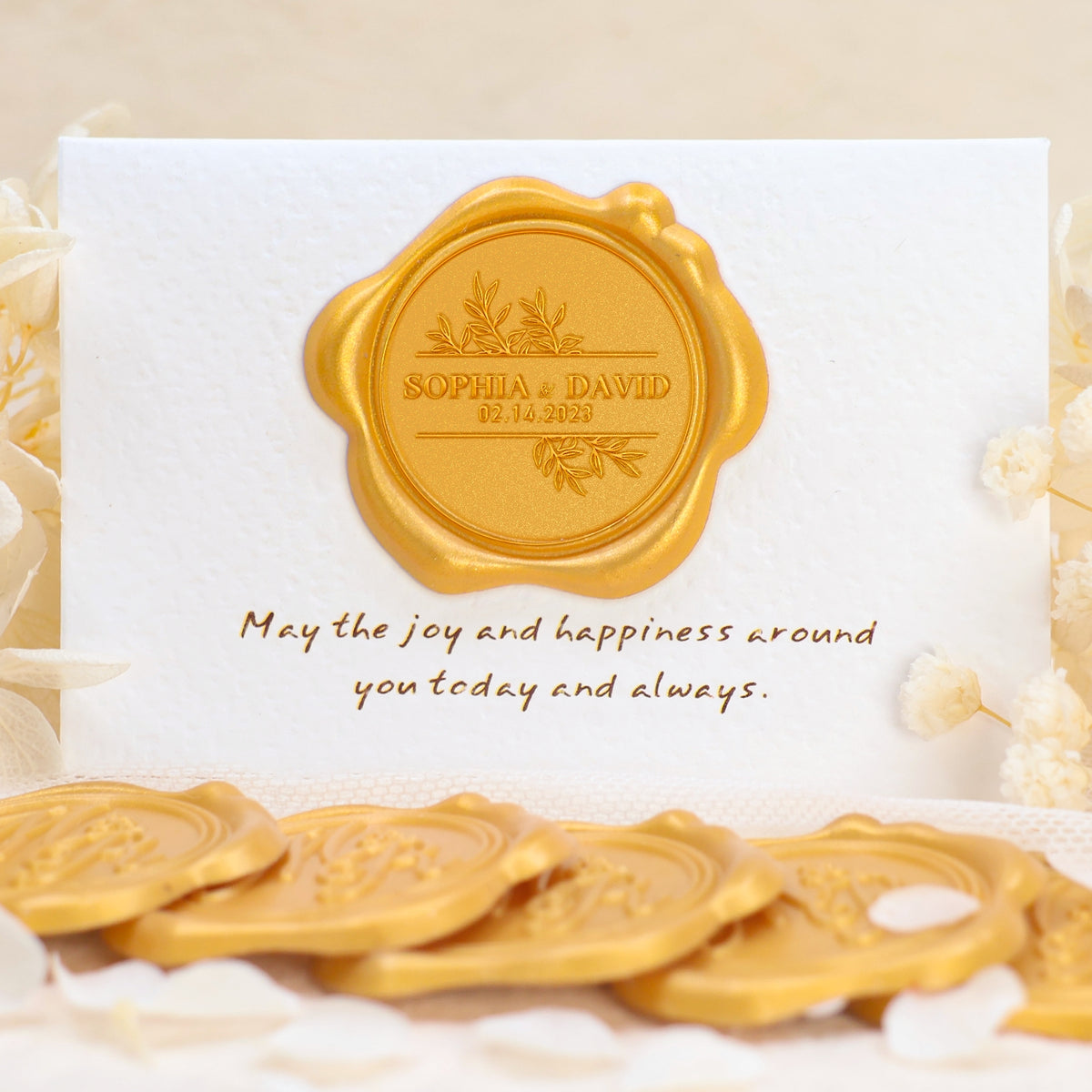 Custom Leaves Wedding Name and Date Wax Seal Stickers 1-8