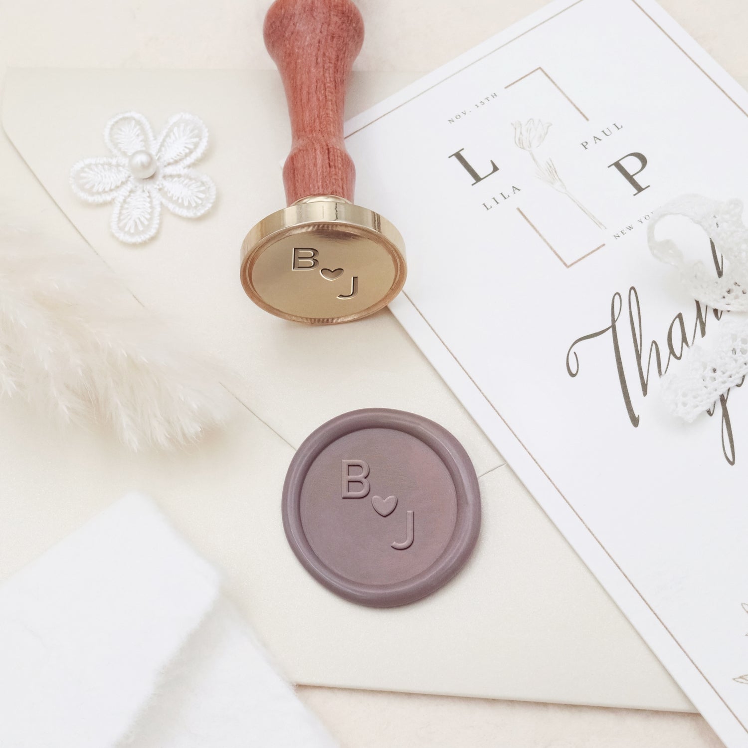 Custom Loving Heart with Horizontal Initials Minimalist Wedding Wax Seal Stamp-7 3