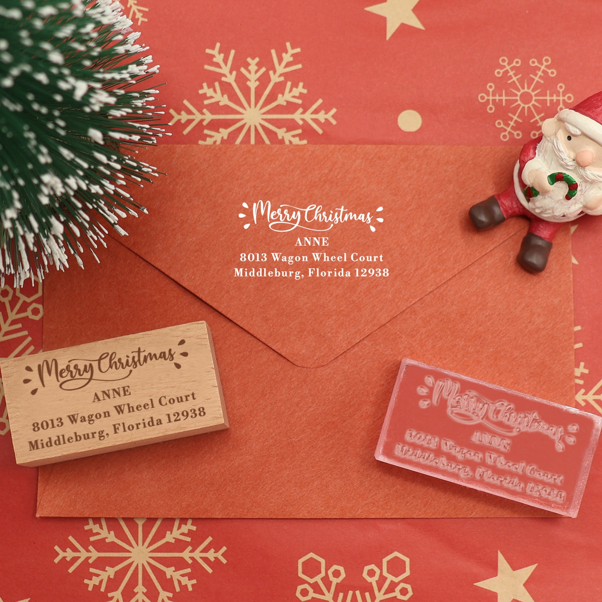 Custom Merry Christmas Rectangle Address Rubber Stamp