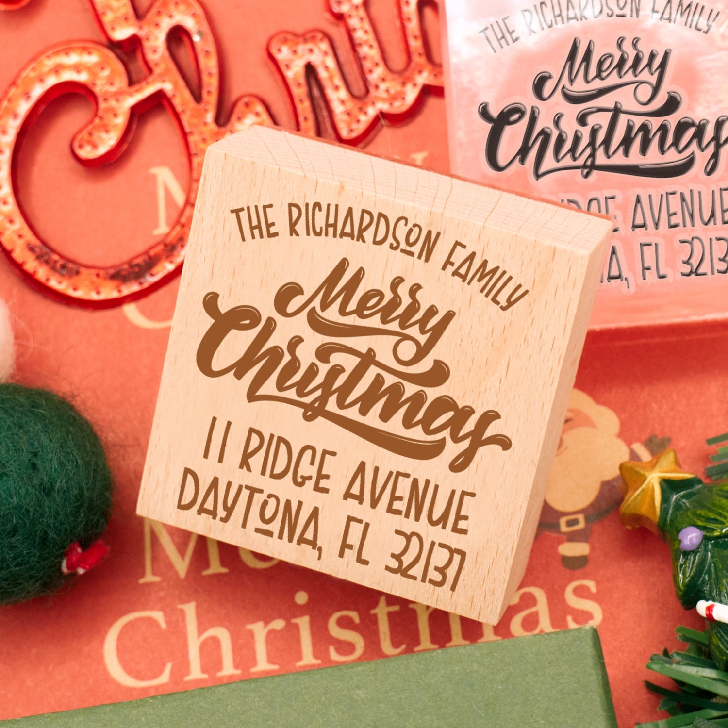 Custom Merry Christmas Square Address Rubber Stamp3